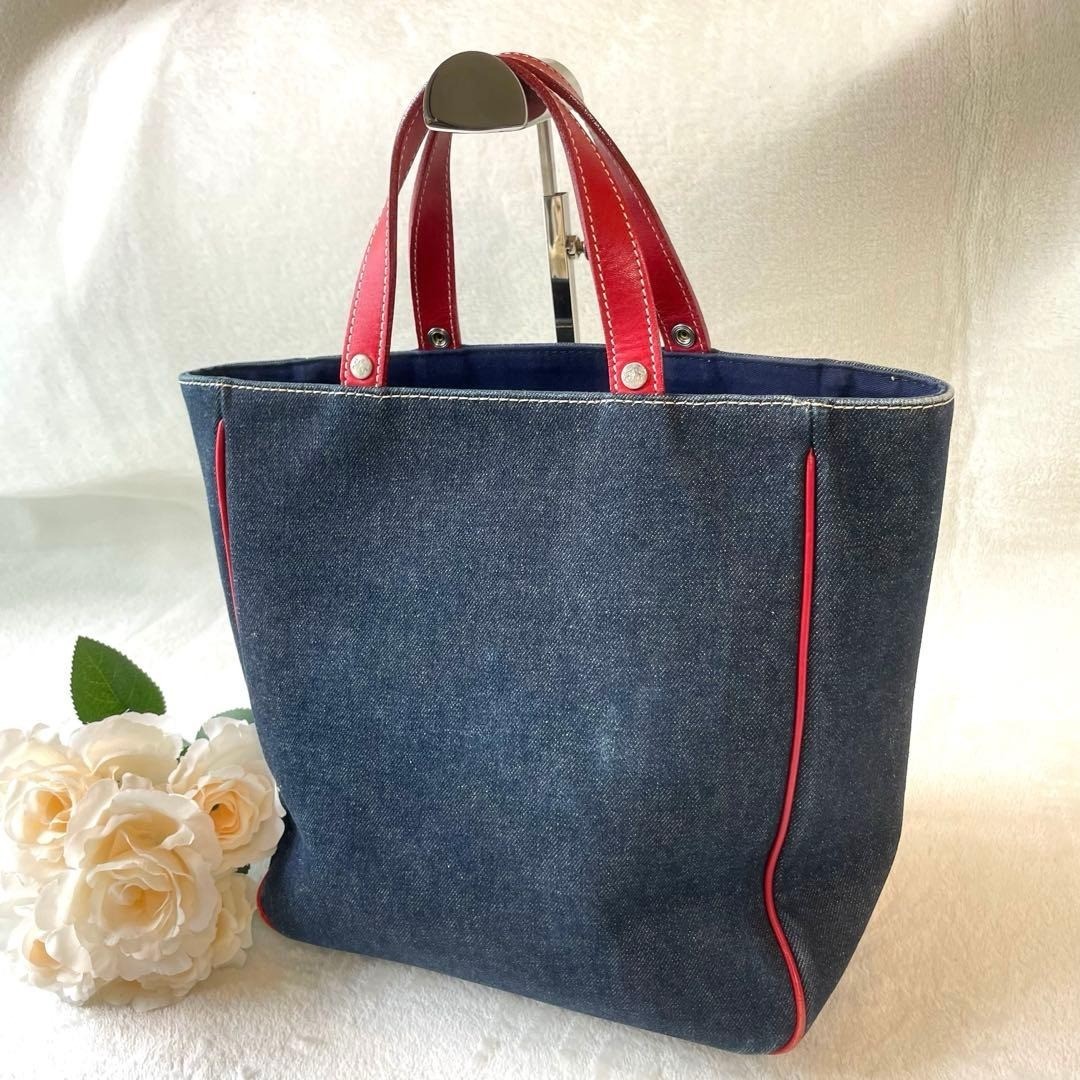BURBERRY BLUE LABEL Denim Tote Bag Red Handles Cotton Canvas Women’s Handbag