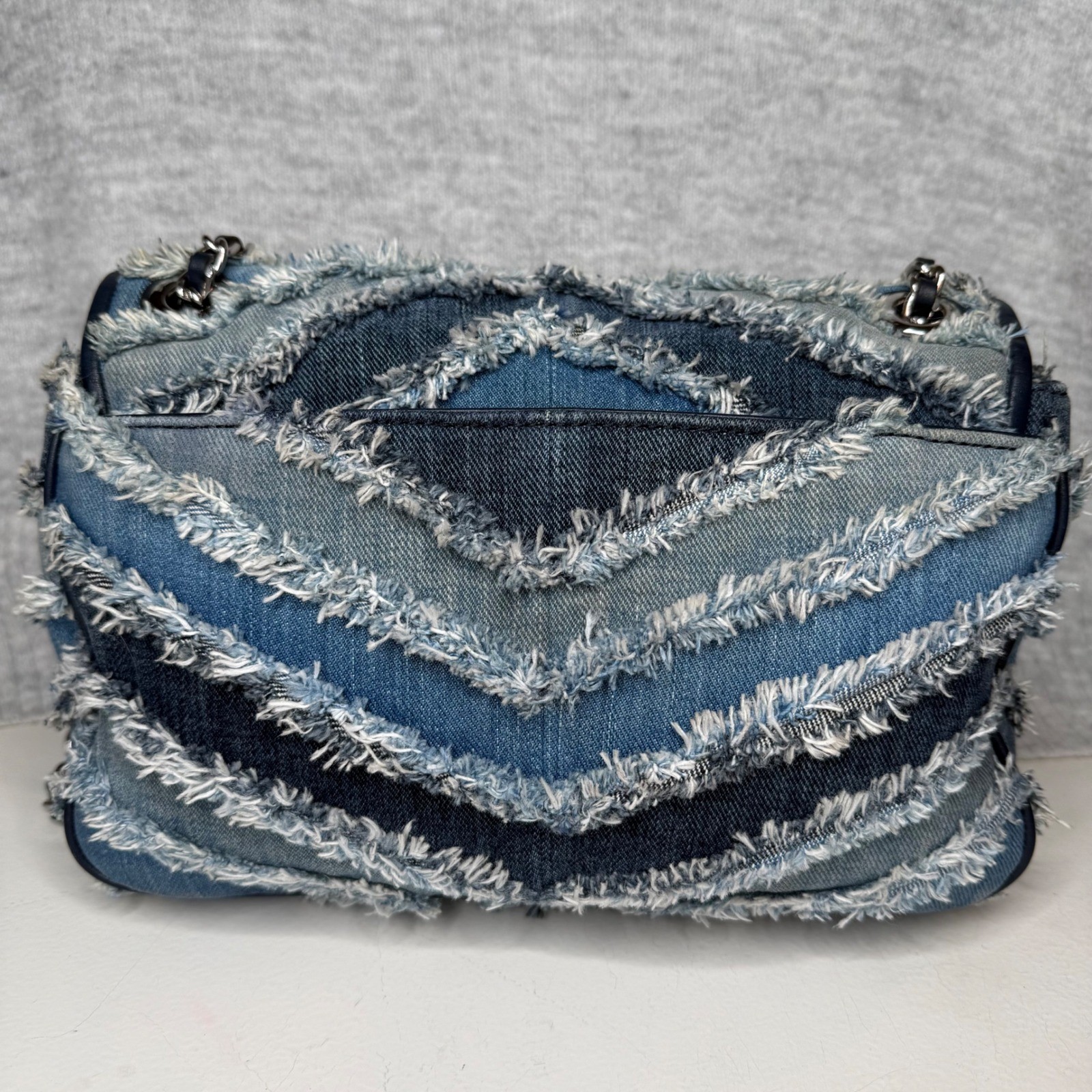 Michael Kors Sloan Large Denim Patchwork Frayed Chevron Shoulder Bag Blue Silver