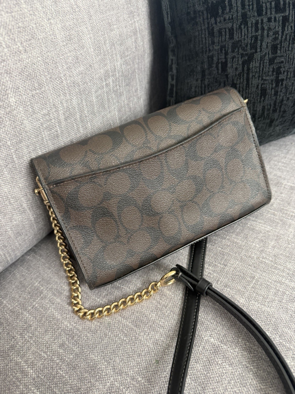 Coach Signature C Logo Crossbody Wallet Bag Brown/Black Gold Chain Snap