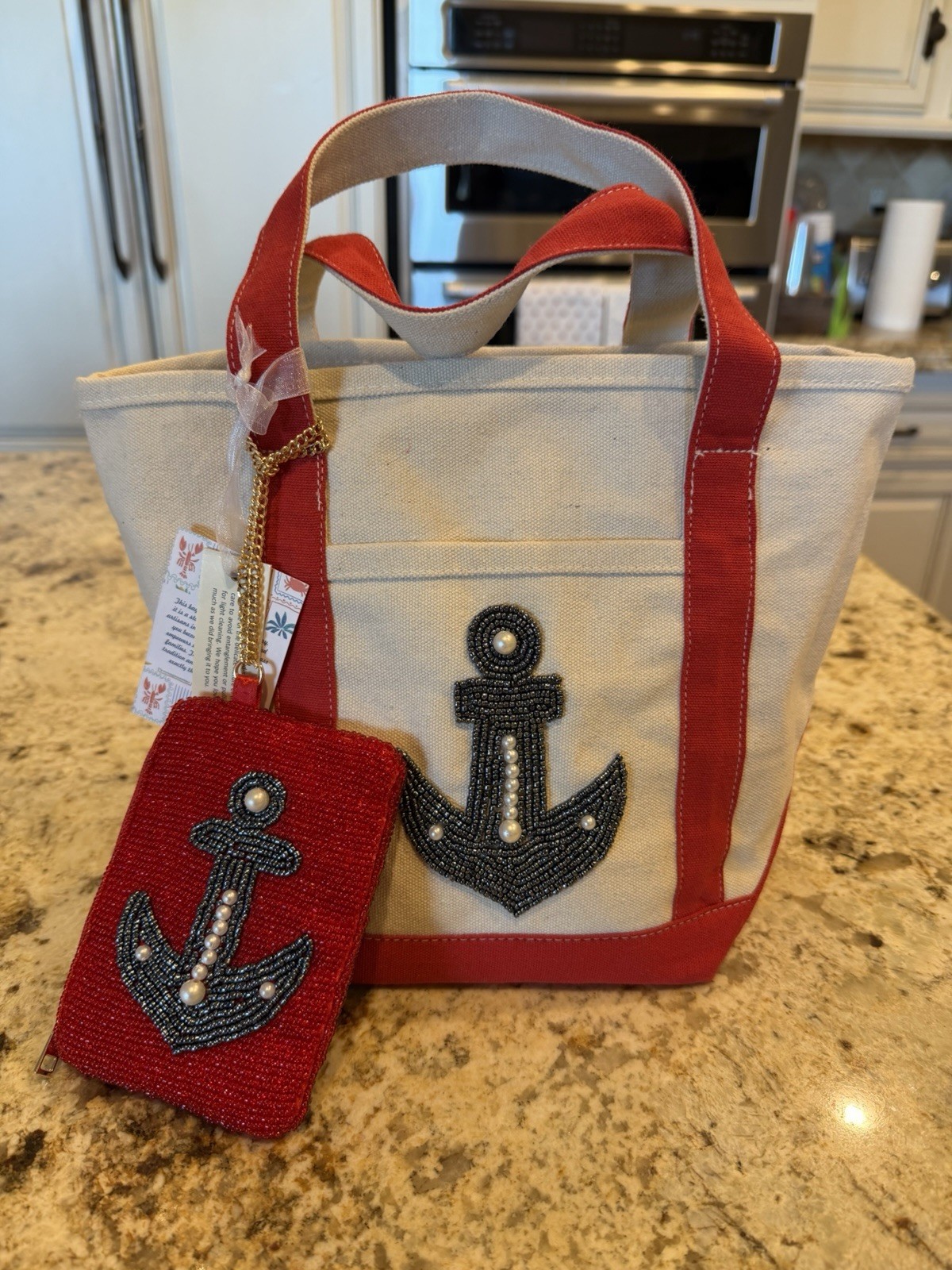 Handcrafted in India Beaded Anchor Tote Bag w/ Matching Beaded Zip Pouch