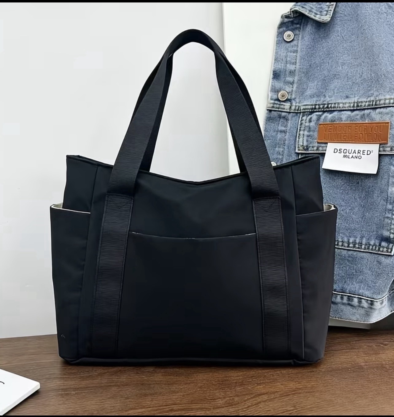 Women’s Solid Tote Shoulder Bag, Double Handles, Exterior Pockets, Pink/Black