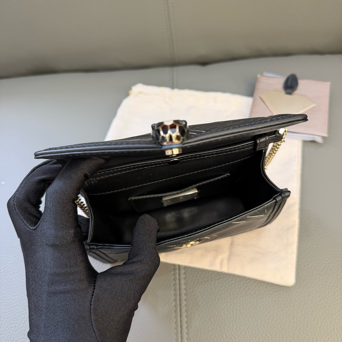 AUTH Bvlgari Serpenti Forever Black Gold Embroidered Small Crossbody Bag