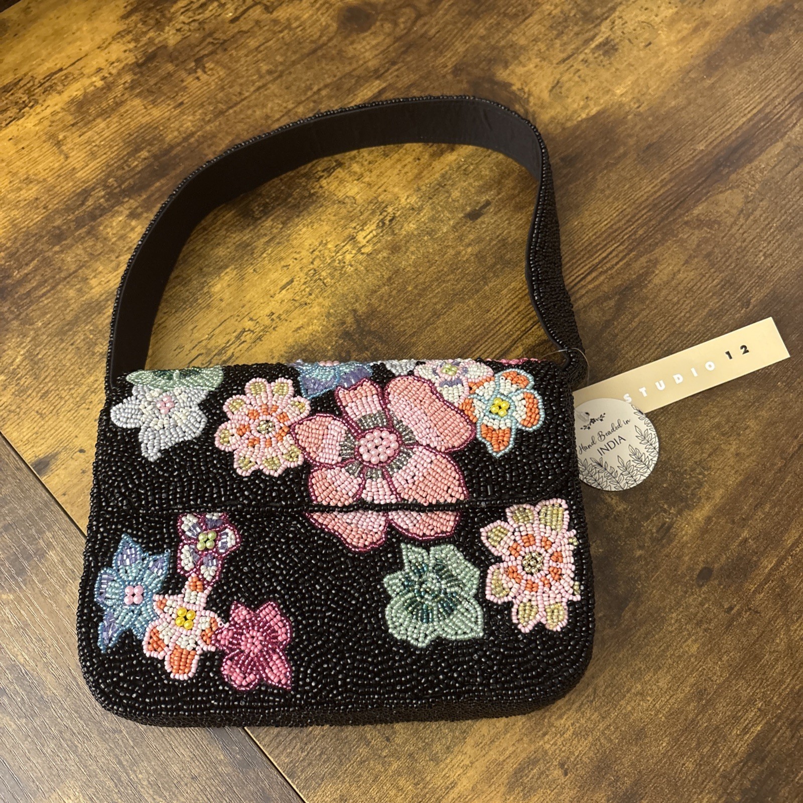 NWT Studio 12 Black Beaded Floral Pattern Handbag Handmade In India Viral TikTok