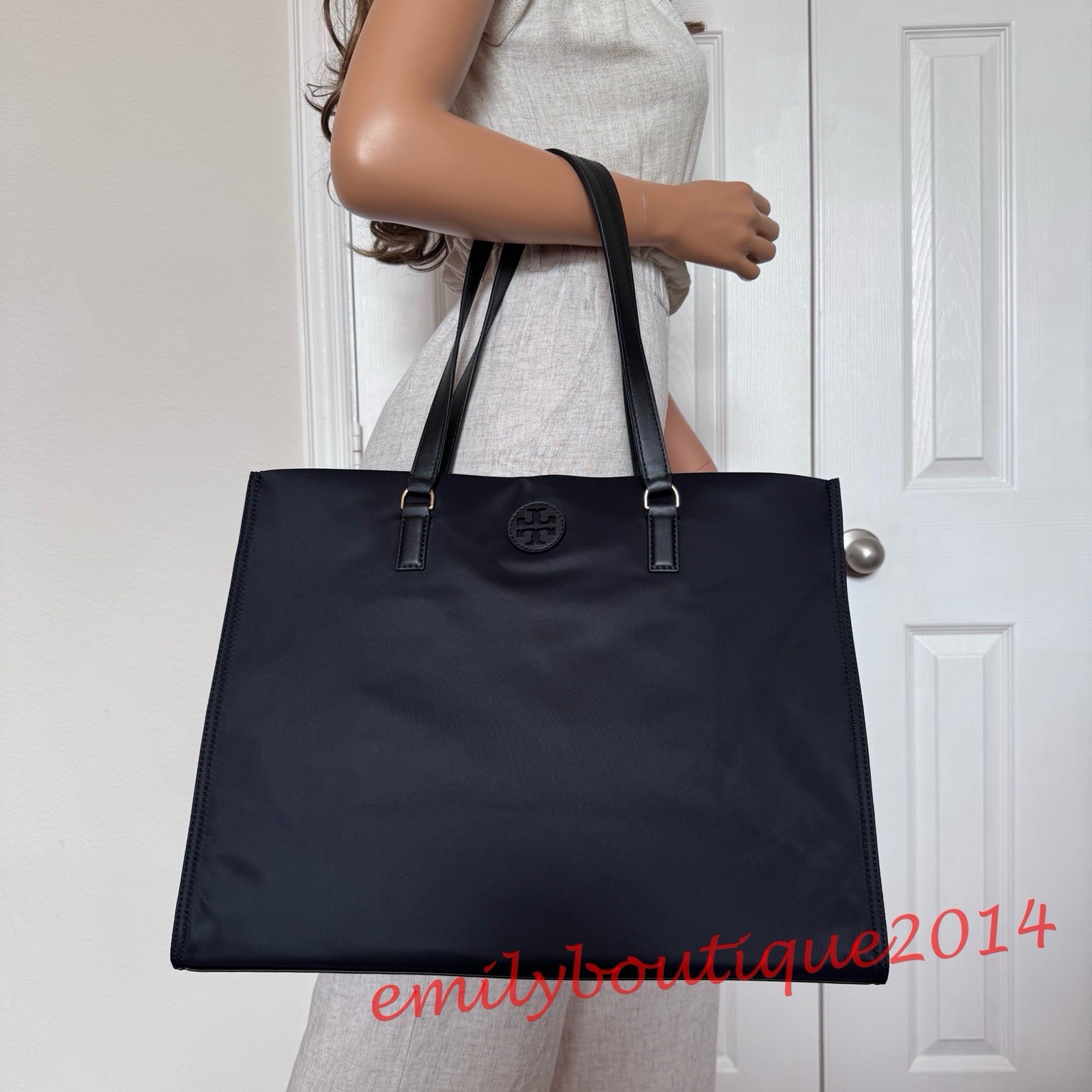 NWT Tory Burch 136144 Nylon Ella Tote Black Large Bag Lightweight