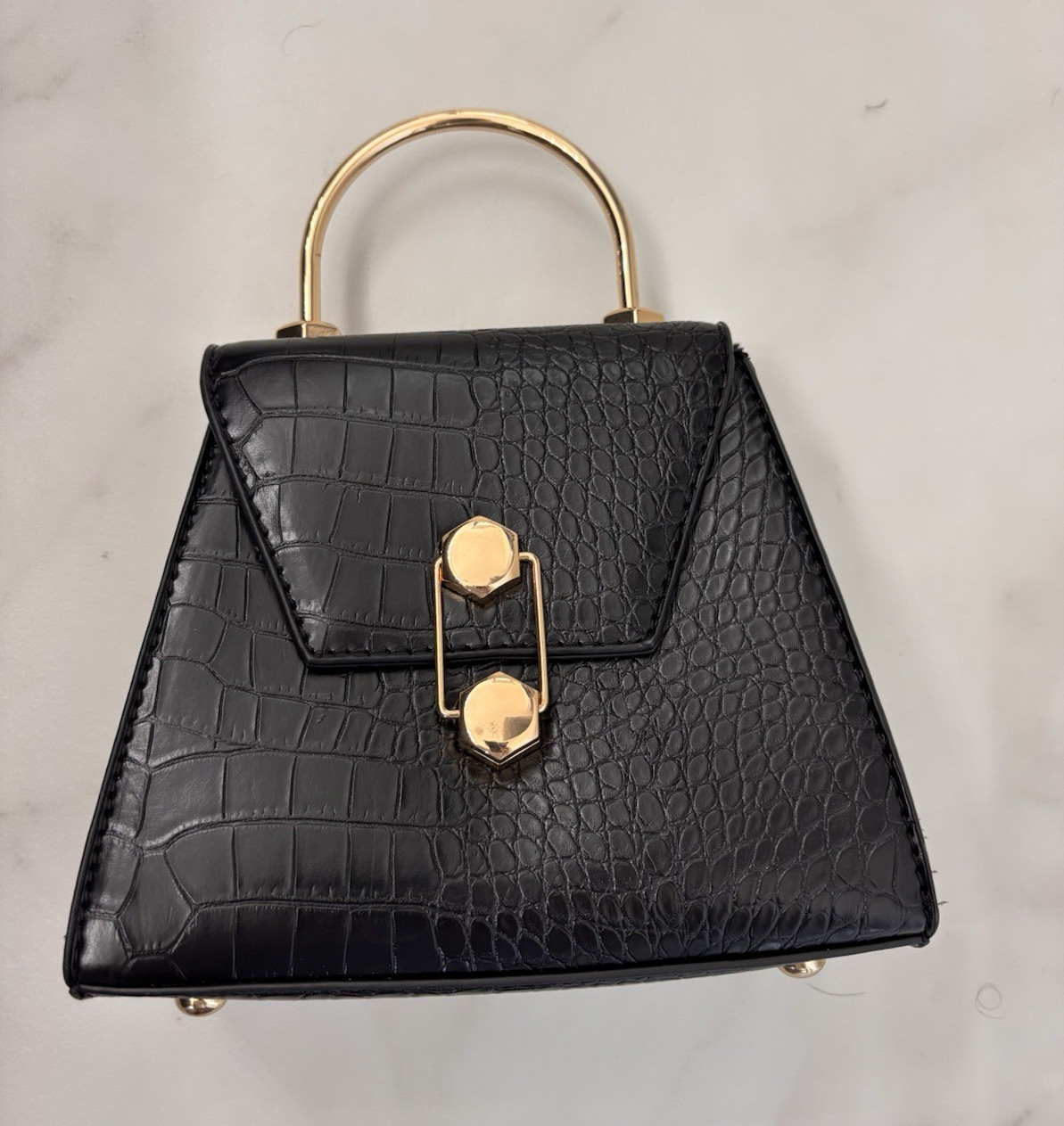Badgley Mischka Black Crocodile Embossed Top Handle Bag Turn Lock Gold Hardware