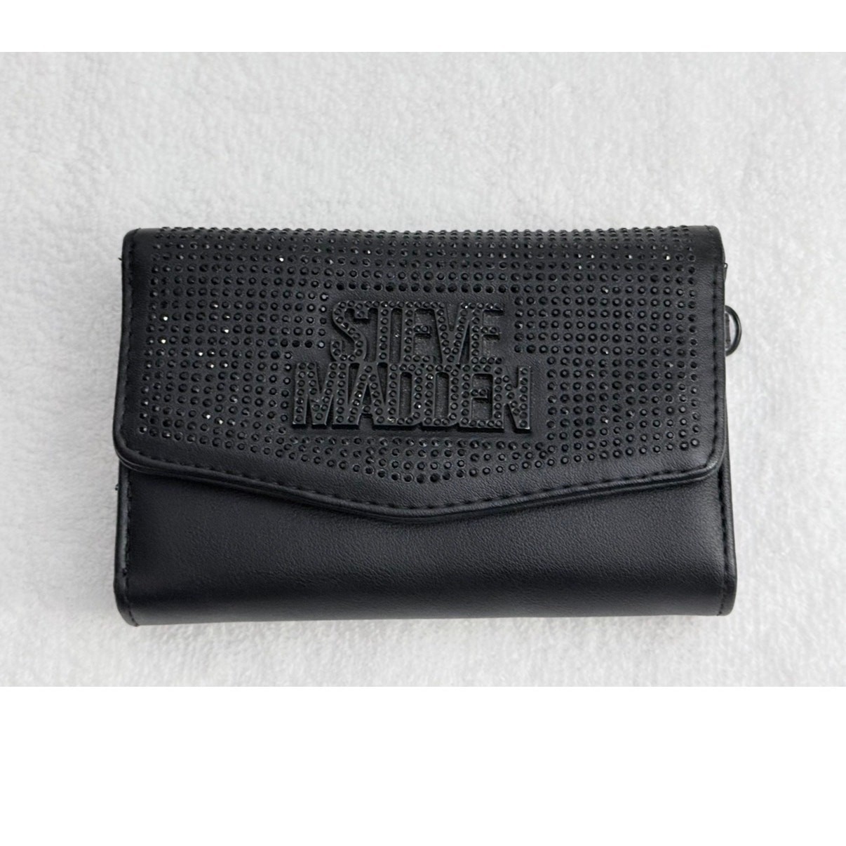 Steve Madden Black Faux Leather Trifold Wallet with Rhinestone Logo Accents