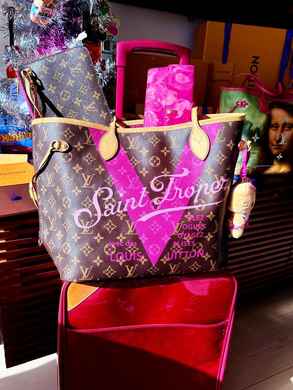 Louis Vuitton SAINT TROPEZ Neverfull MM Bag Pondicherry Pink Monogram + POCHETTE