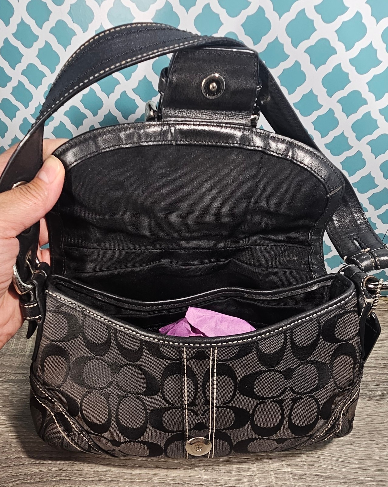 Coach Soho mini flap shoulder Signature C Jacquard bag black silver Hardware