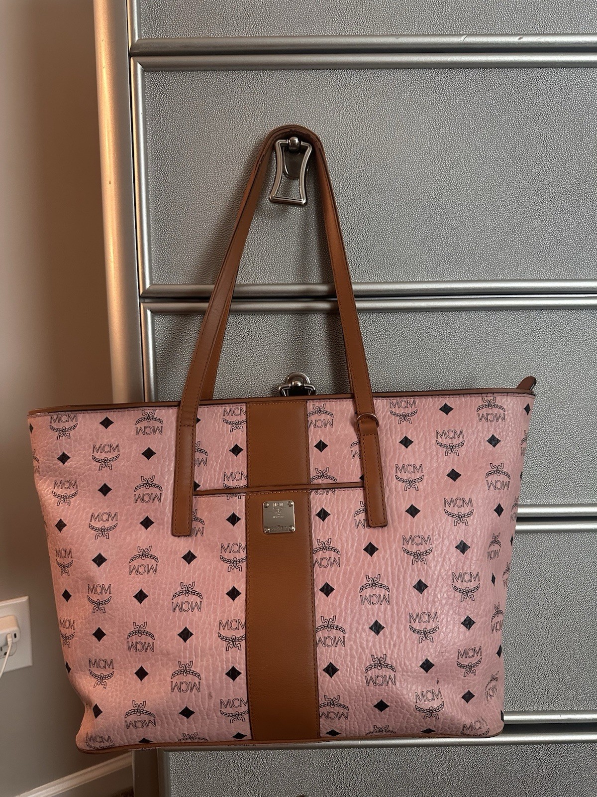 MCM medium Anya Visetos Zip Top Shopper tote in soft pink