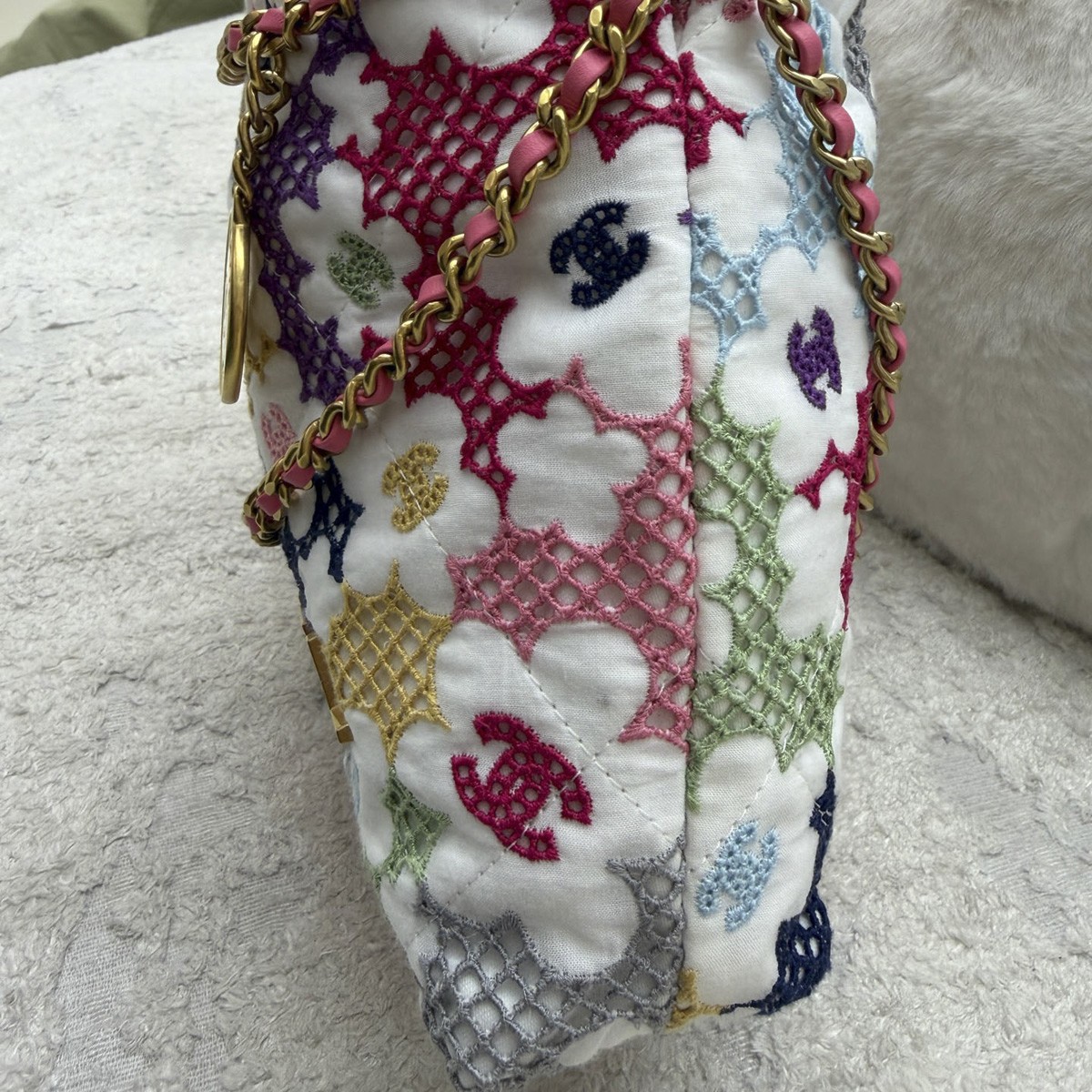 Chanel 24P Floral Embroidery Woven Mini 22Bag Crossbody Gold Tone Hardware