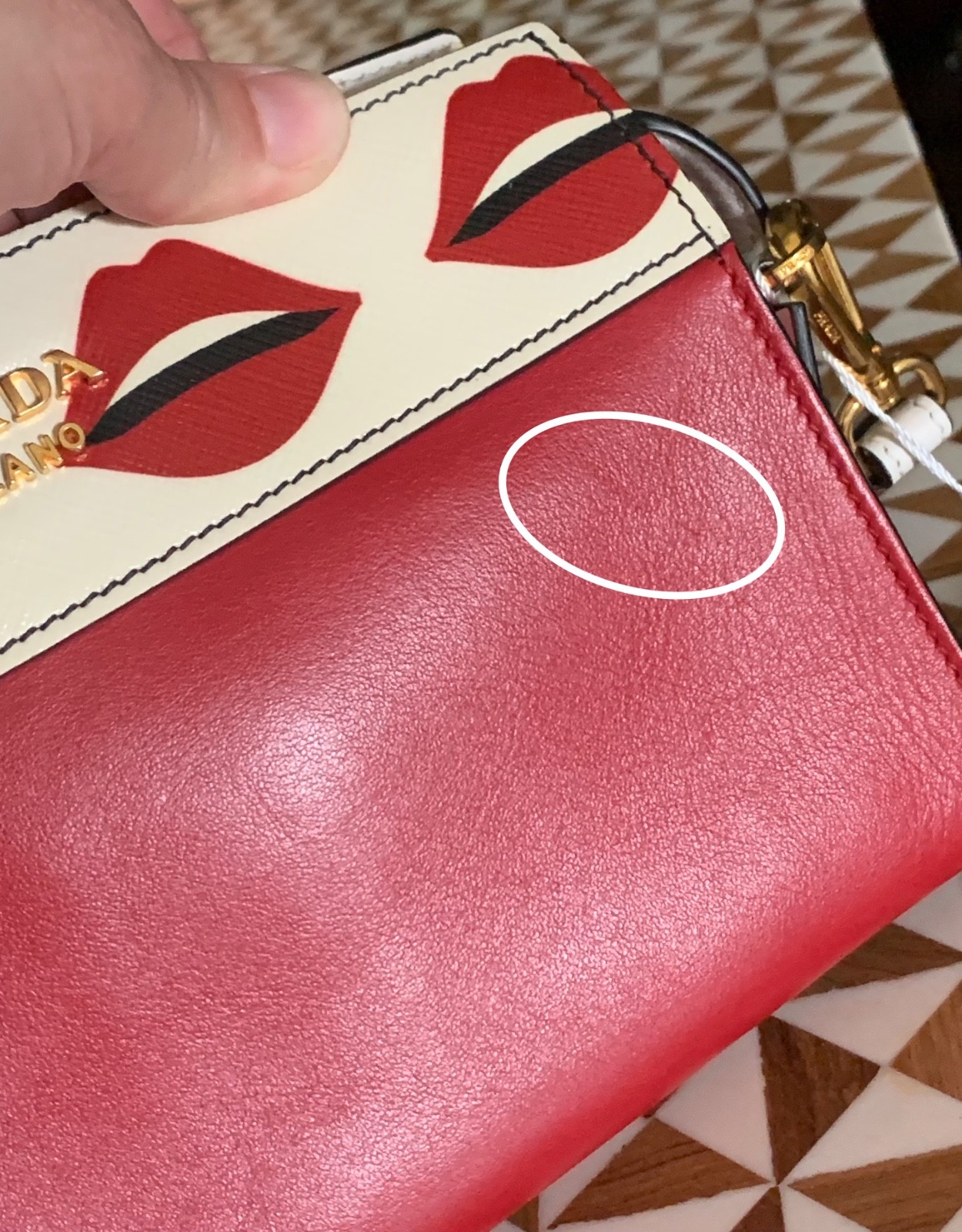 Prada City Calf Saffiano Esplanade Lip Print Crossbody Bag Red