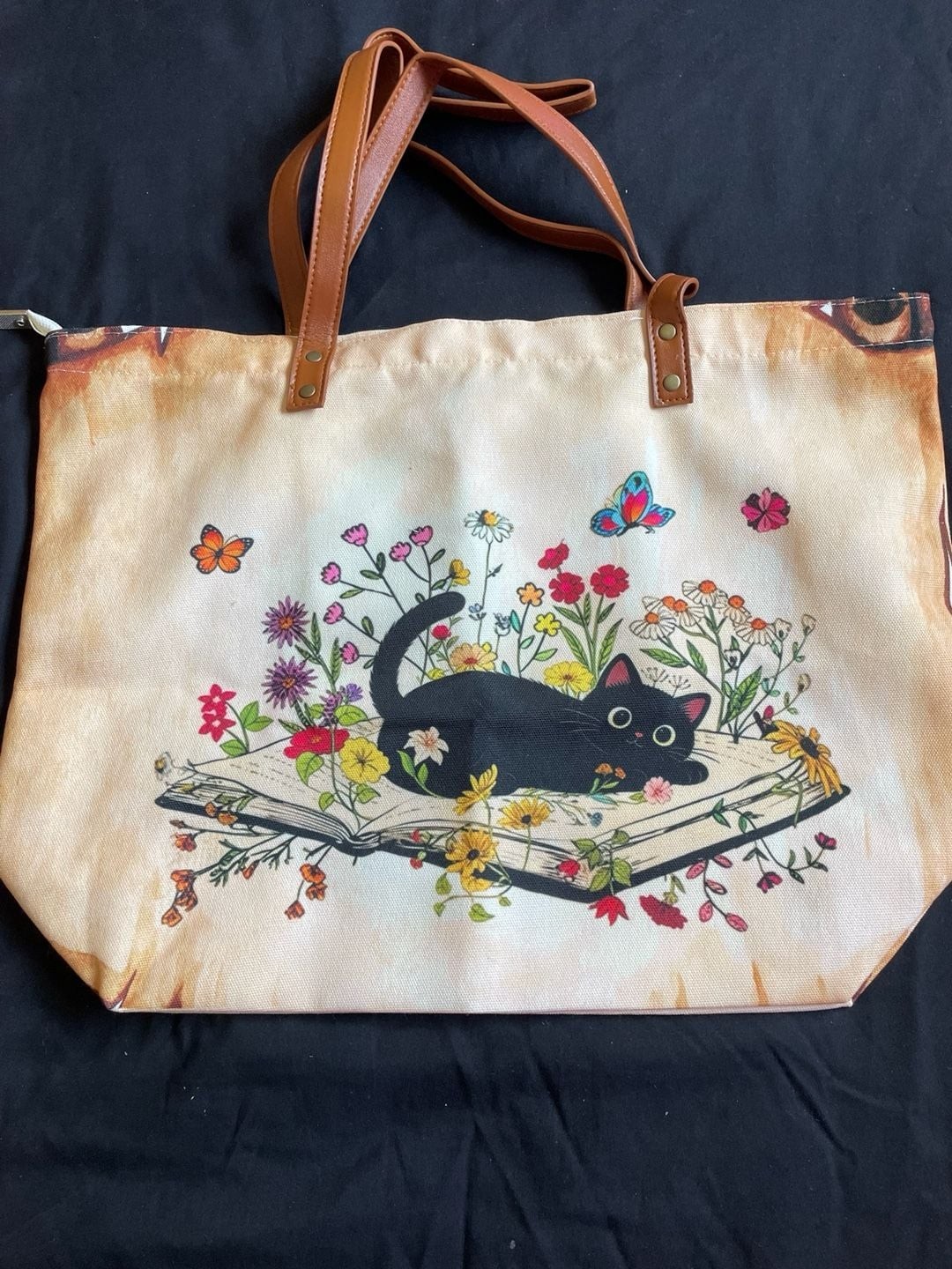 Black Cat Floral Book Canvas Tote Bag Zipper Top Shoulder Shopper Book Lover NEW