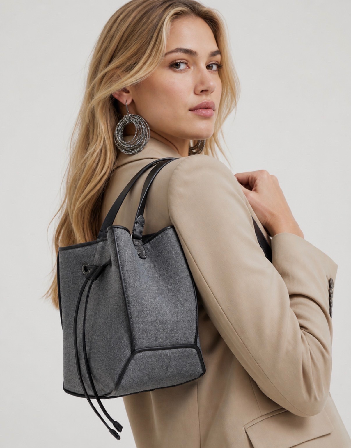 NWT $2350 BRUNELLO CUCINELLI Bucket Bag Small Grey Virgin Wool Canvas, Monili