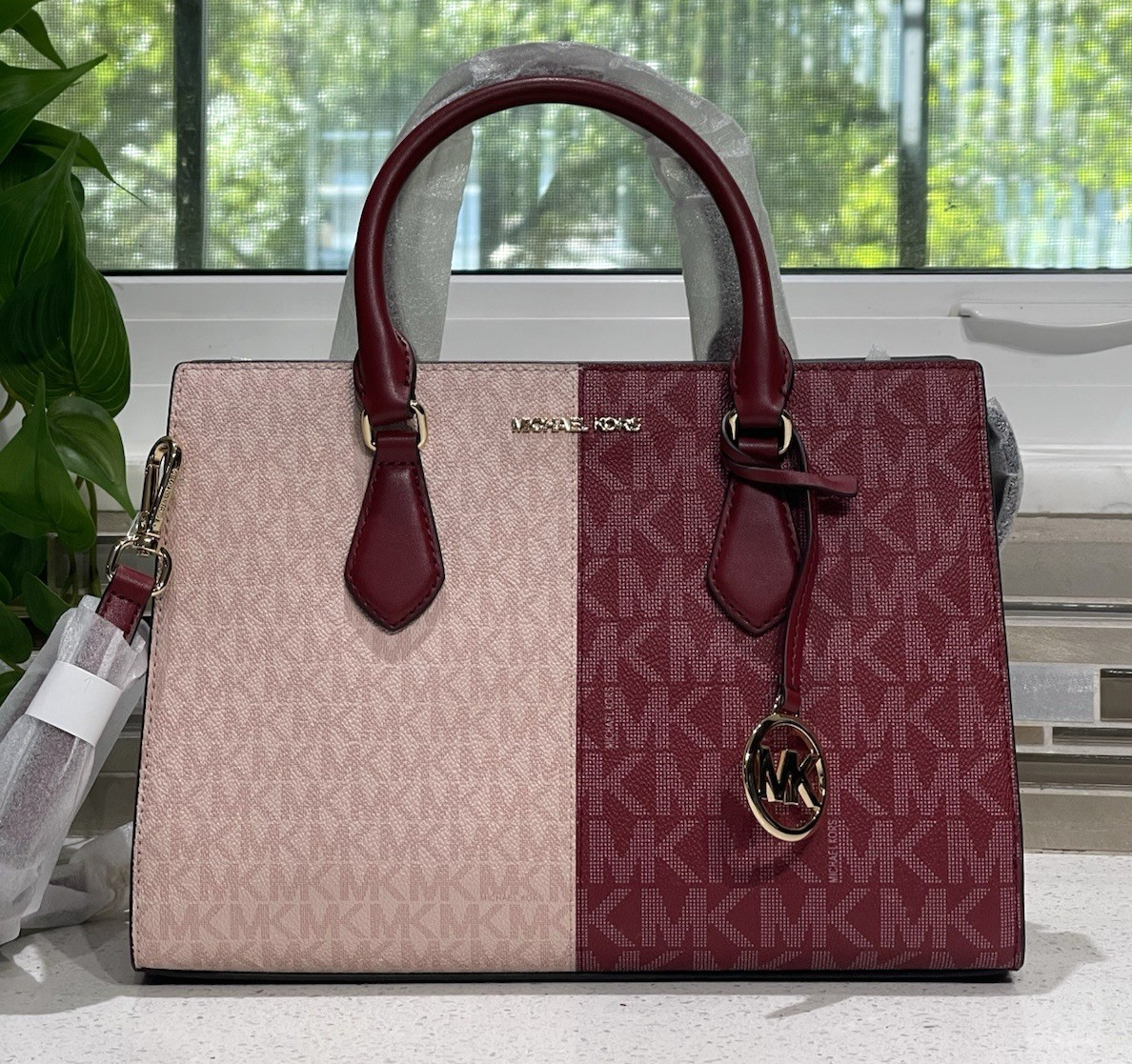 MICHAEL KORS SHEILA MEDIUM SATCHEL SHOULDER BAG PURSE MK TWO-TONE PINK CHERRY