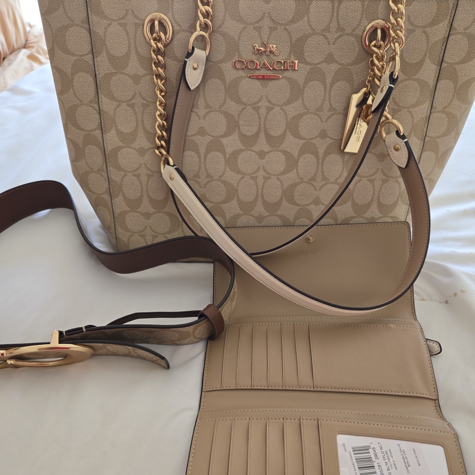 Coach Cammie Chain Tote, Wallett, Belt Light Khaki Chalk Gold 3 pcs