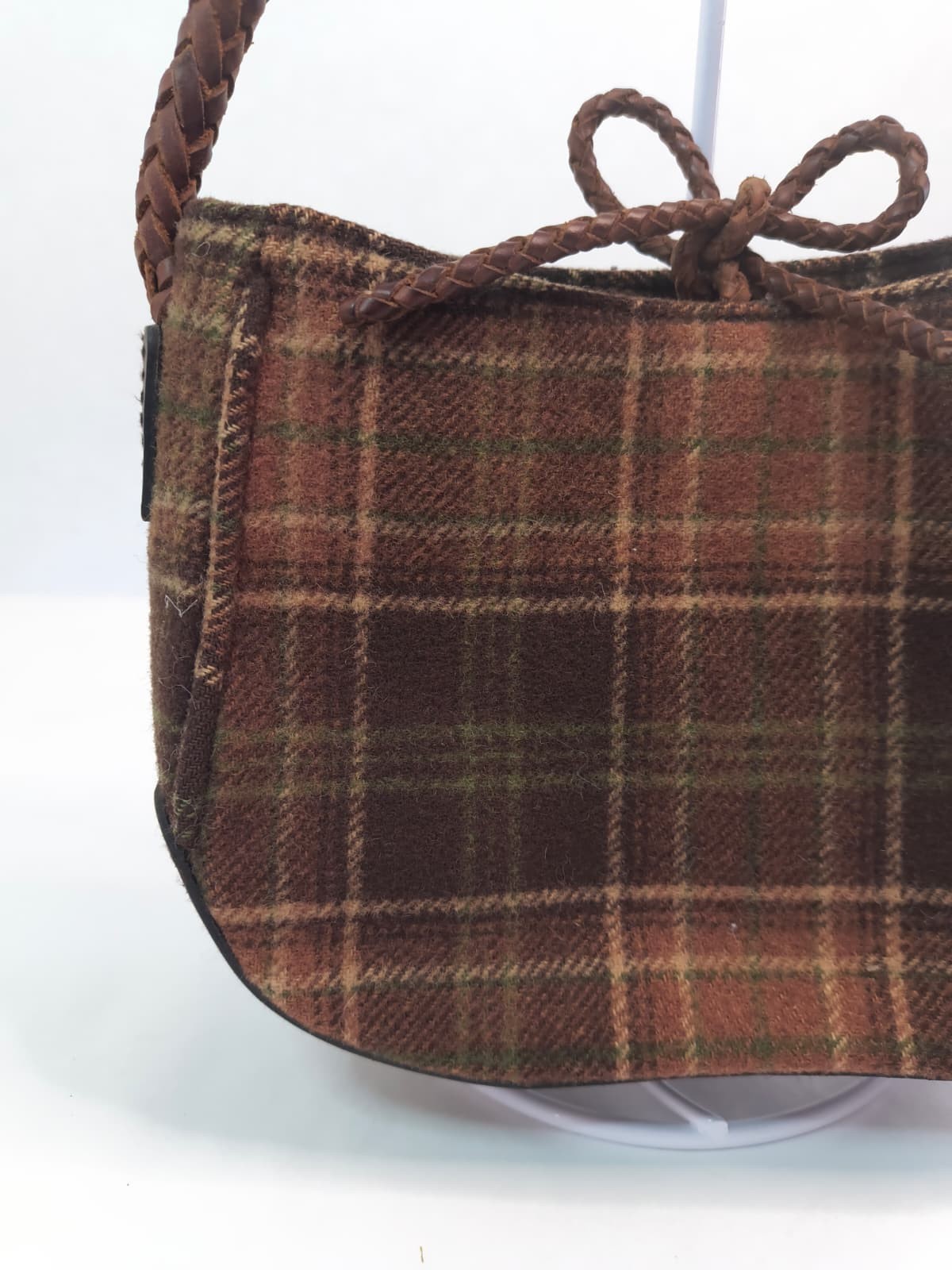 Lauren Ralph Lauren Wool Blend Plaid Hobo Shoulder Bag Braided Leather Handle EX