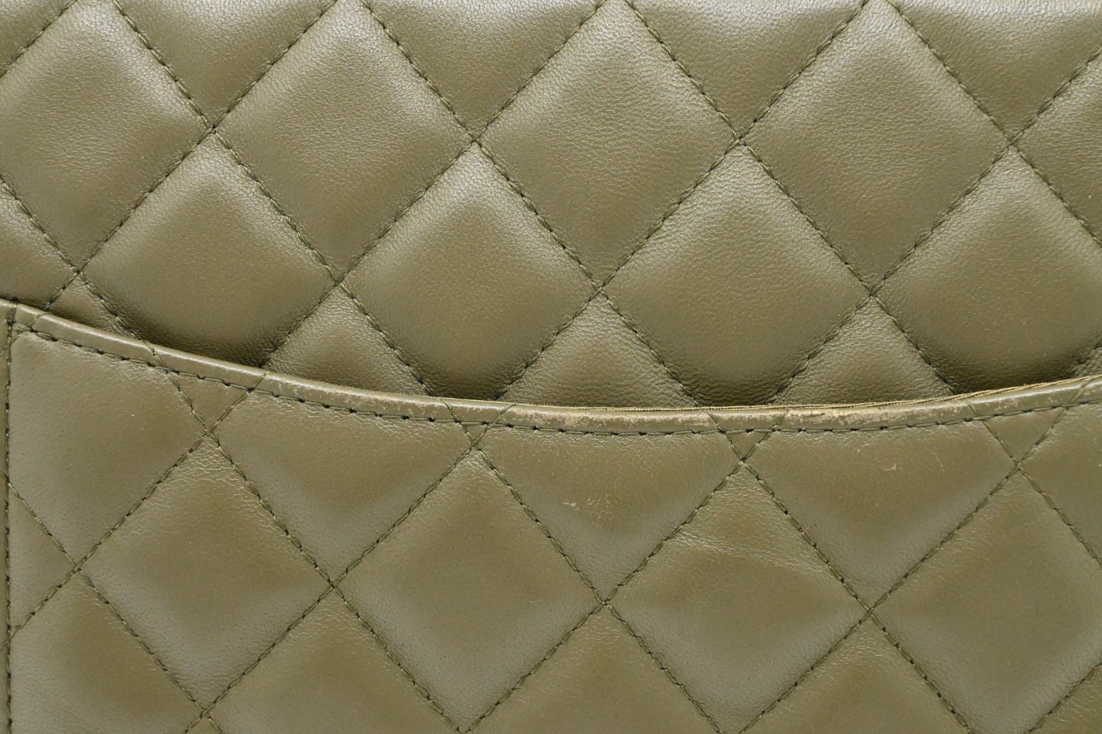 Authentic Chanel Matelasse Clutch Bag in Khaki Leather and Gold Metal