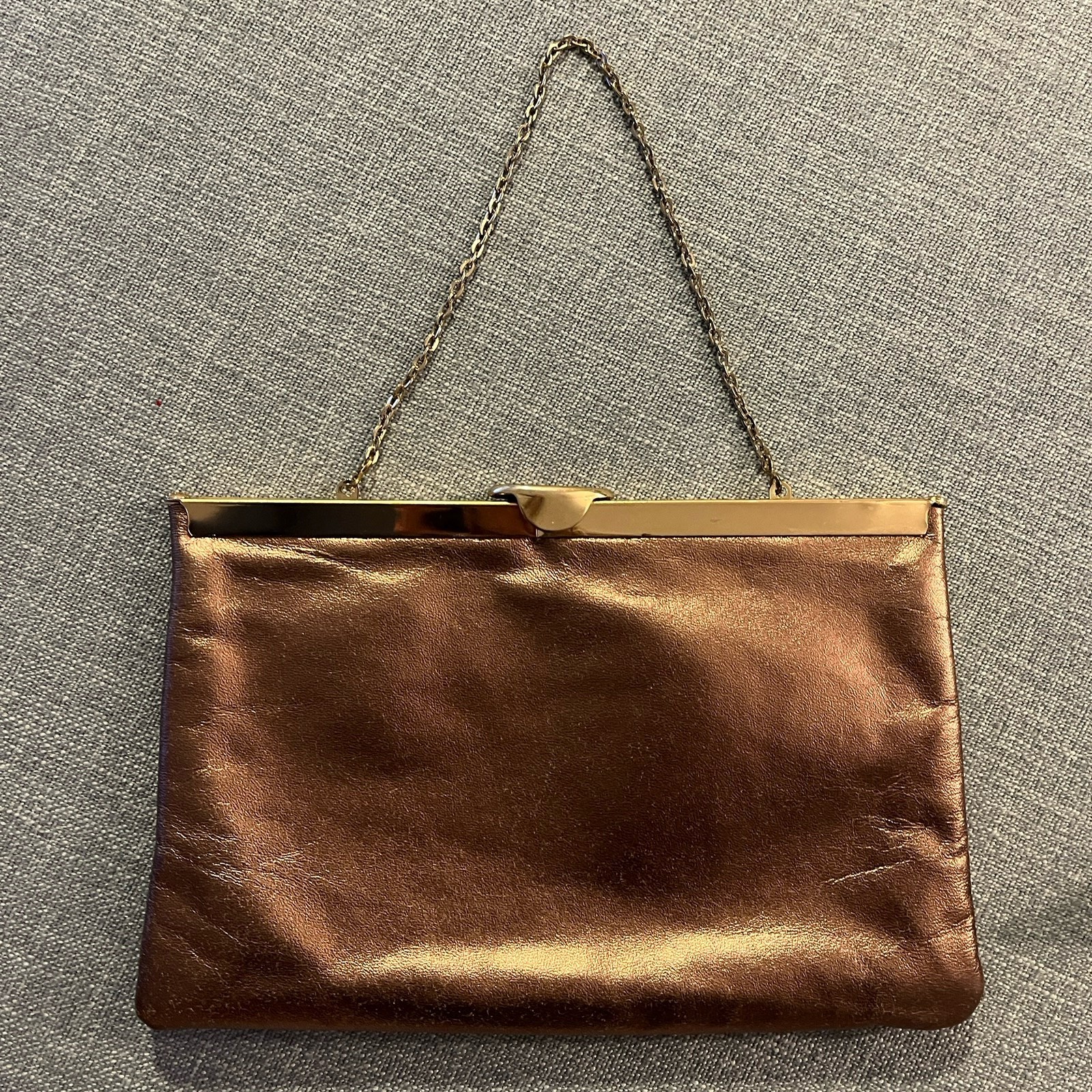 Vintage Etra Gold Genuine Leather Clutch Square Evening Purse Bag Brass Trim EUC