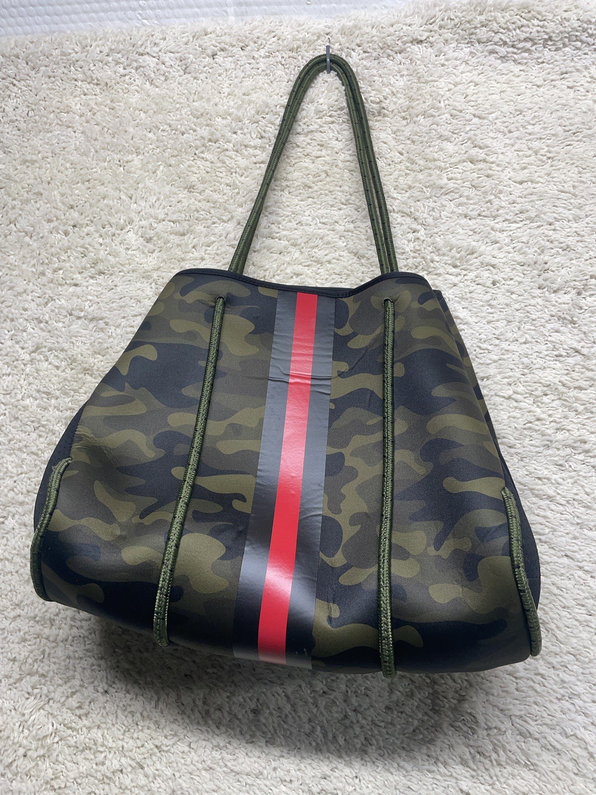 Haute Shore Camo Red Stripe Neoprene Tote Bag Great Condition