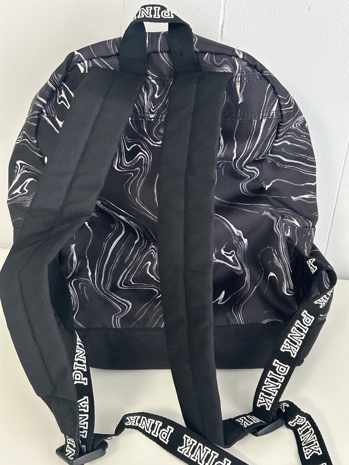 VS Pink Bookbag Backpack Victoria’s Secret Black Marbled Logo Medium EUC 2018