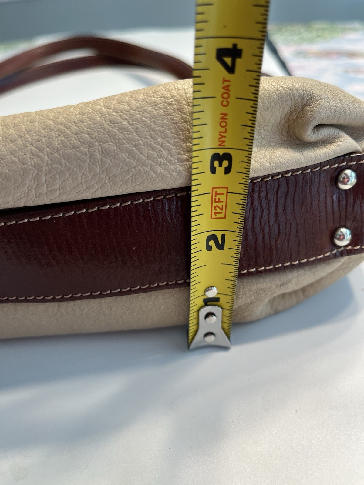 PETUSCO Shoulder Bag Leather Ivory/Brown Horse Logo Silver Hdwre Made in Spain
