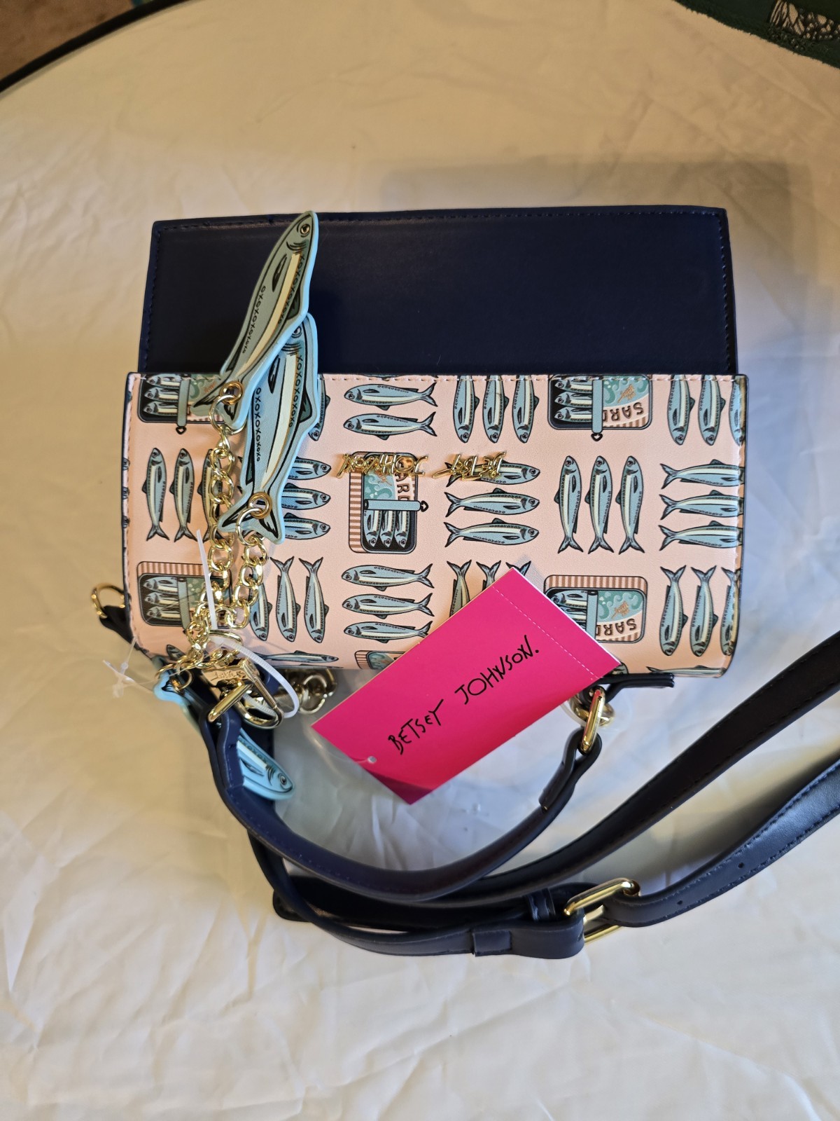 Betsey Johnson Sardine Navy Pink Multi Crossbody Bag Top Handle Purse NWT