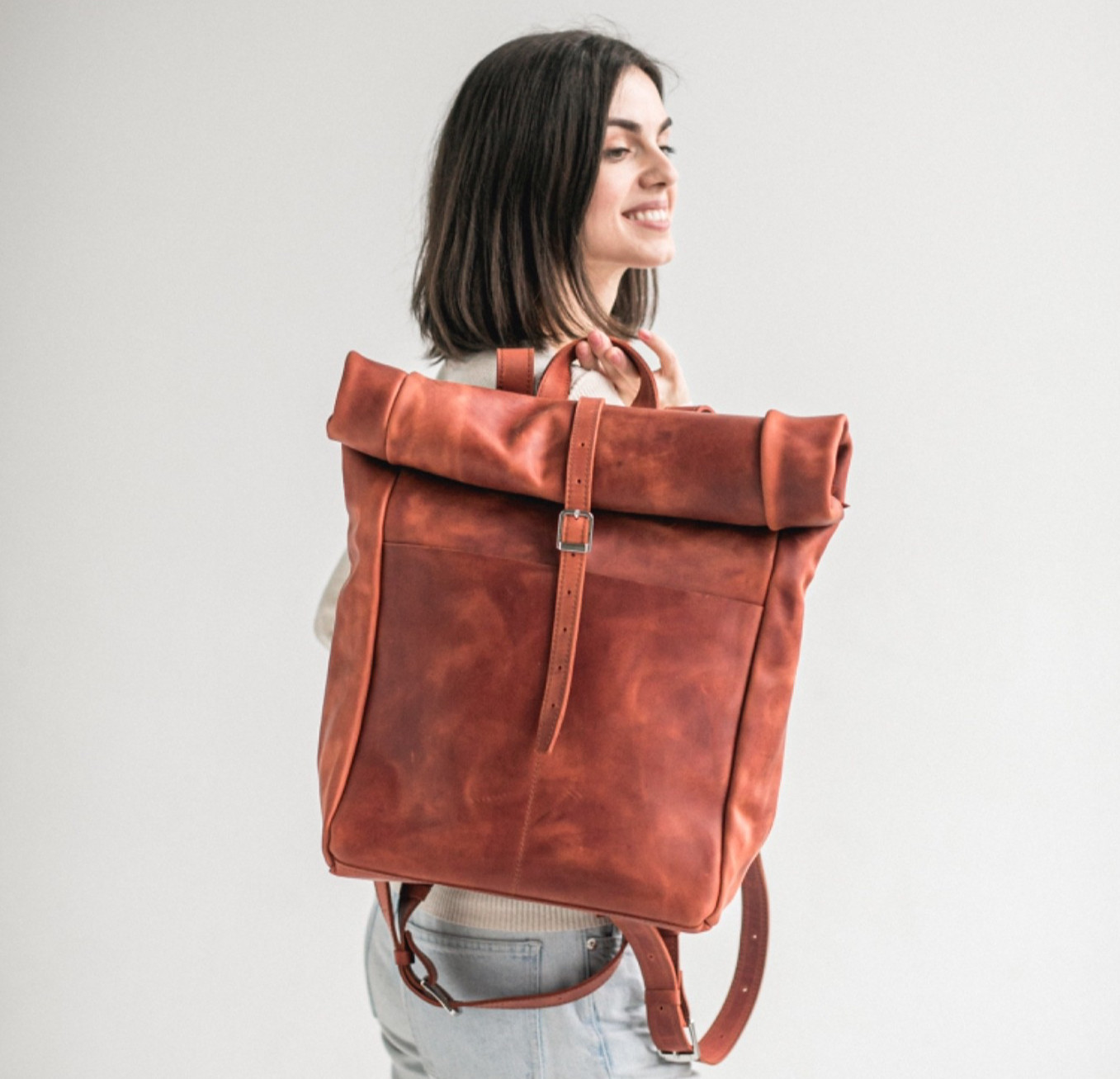 Cognac Genuine Leather Rolltop Backpack for Work, Travel or Everyday Use