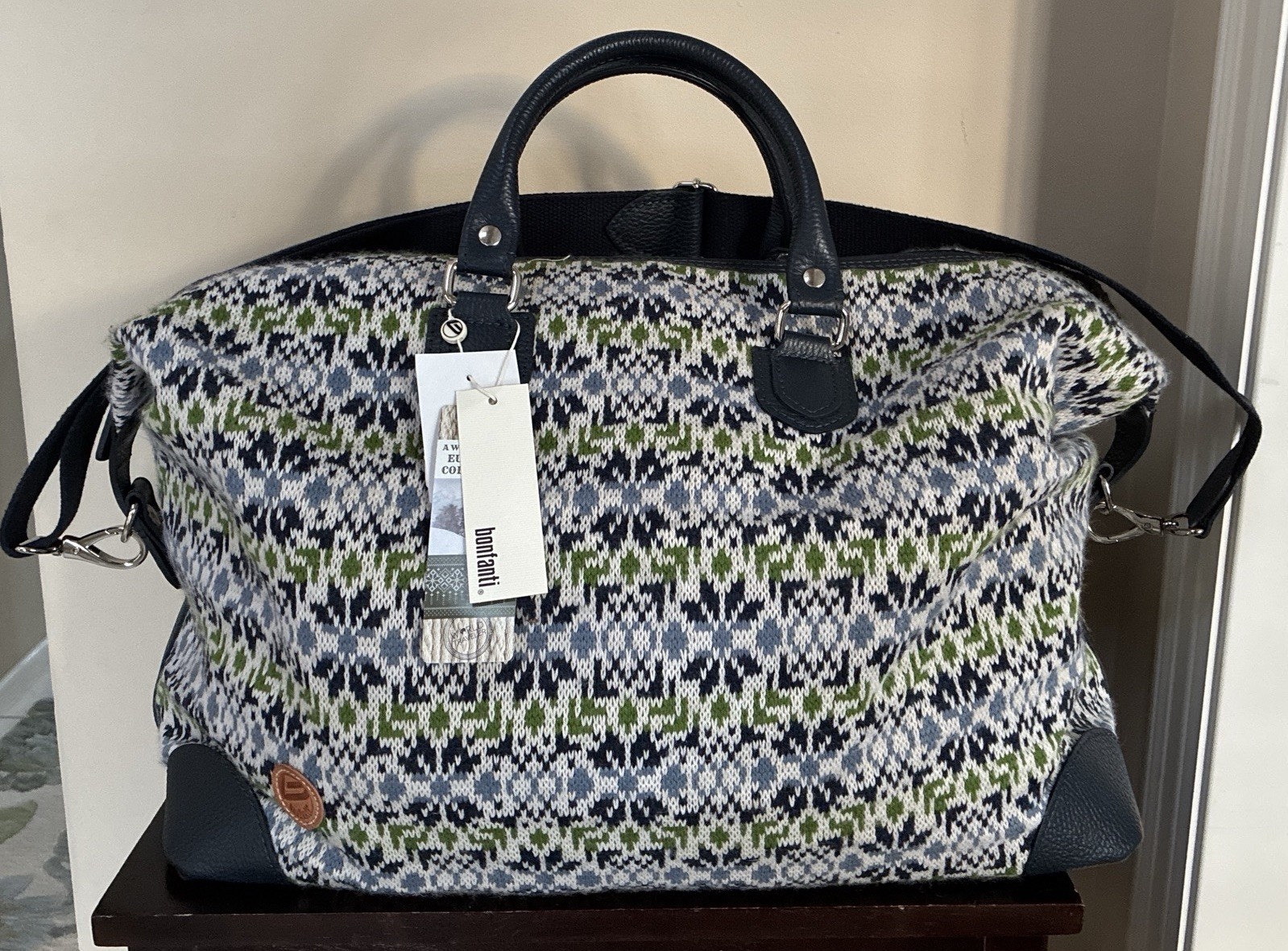 Bonfanti Nordic Fair Italy Knit Weekender Bag Made in Italy Blue Green NEW