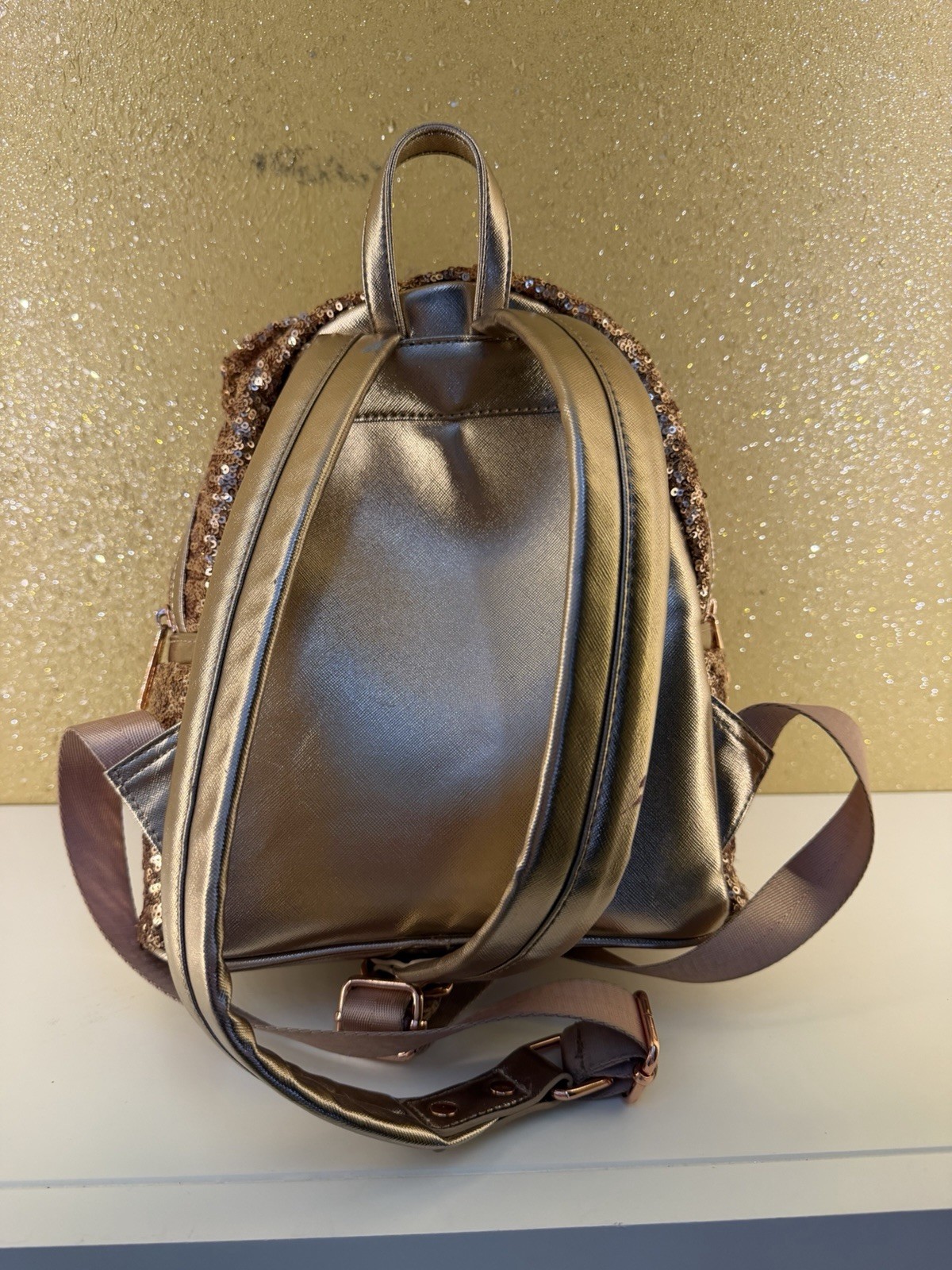 Loungefly Disney Parks Gold Sequin Bow Mini Backpack Pink Polka Dot Lining