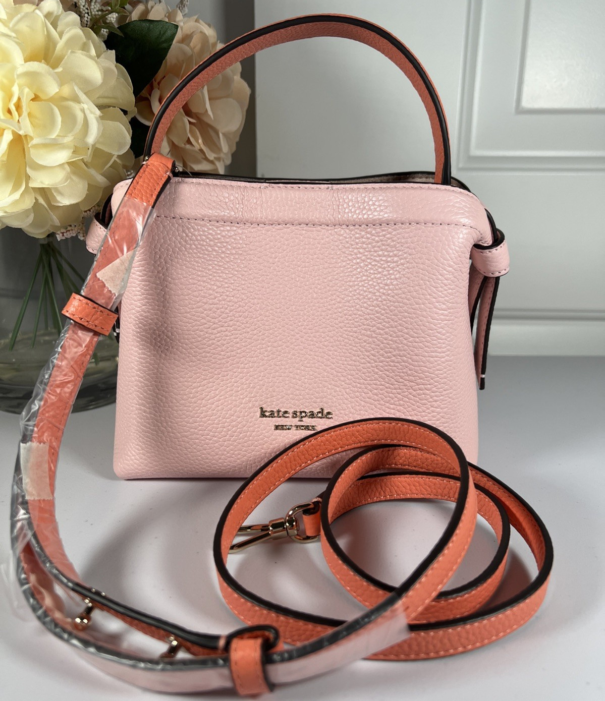 💗🌺Kate Spade Pebble Leather KNOTT Top Handle/Crossbody MINI Tote – Pink/Coral