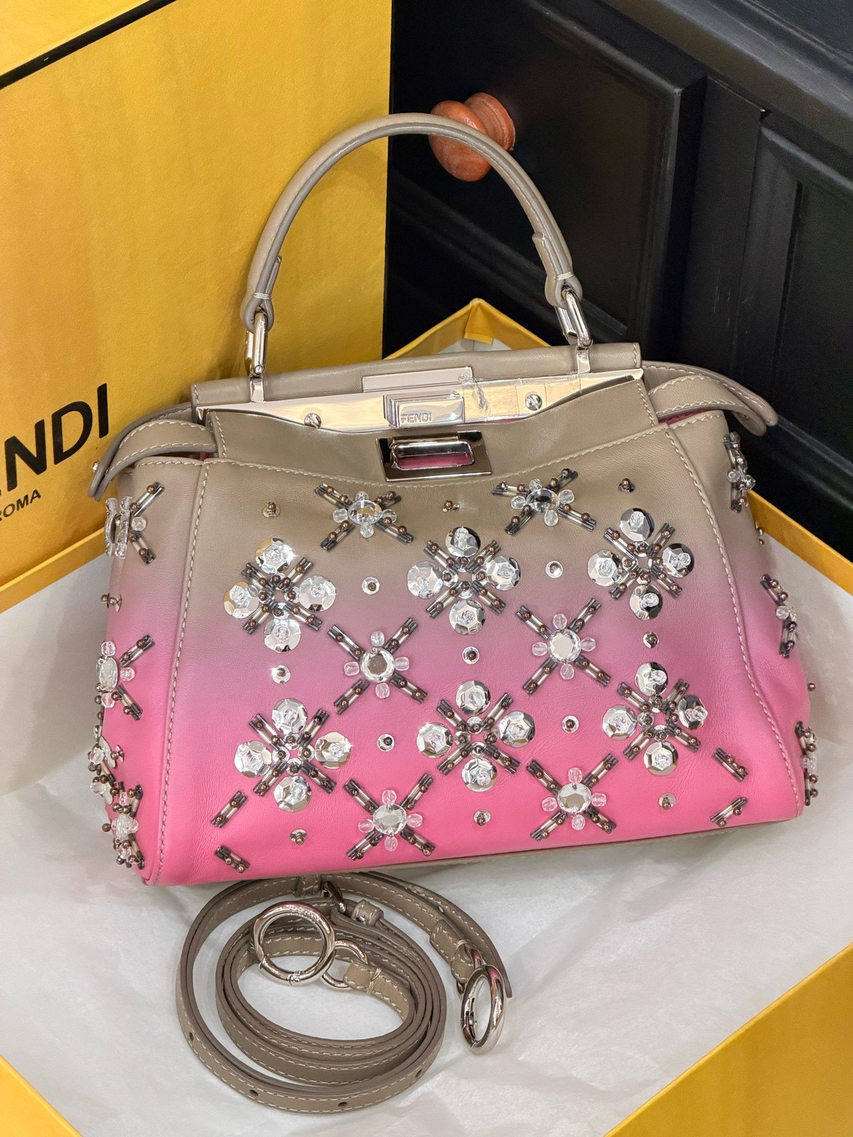 AUTH Fendi Peekaboo Gradient Pink Leather Crystal Floral Top Handle CrossbodyBag