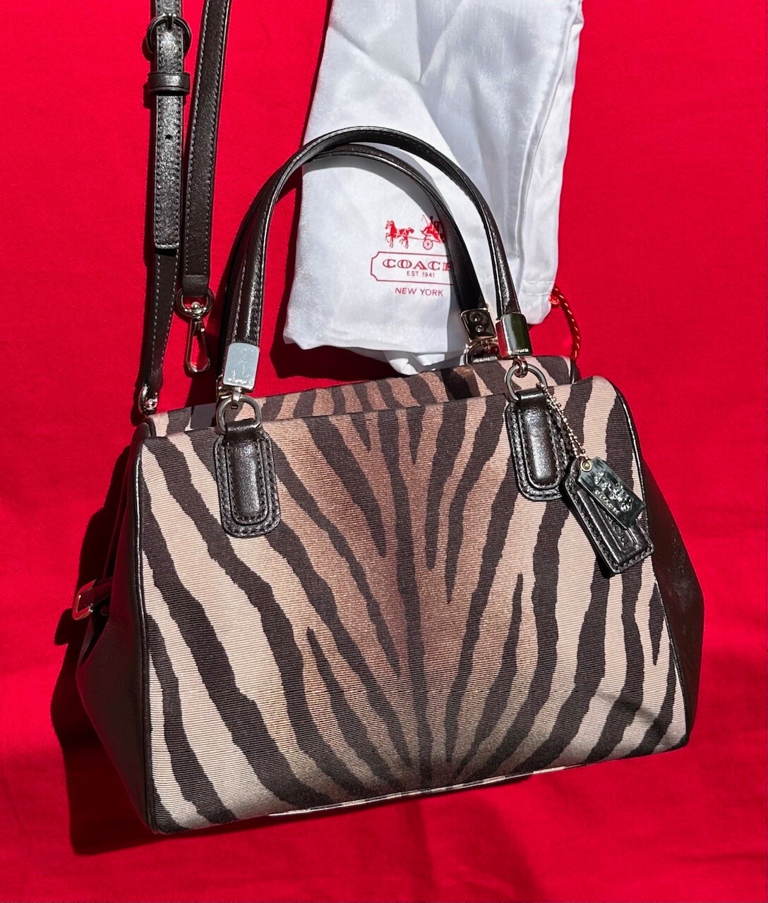 EUC Coach Mini Madison Satchel Zebra Print Faille Fabric + Dustbag 50507
