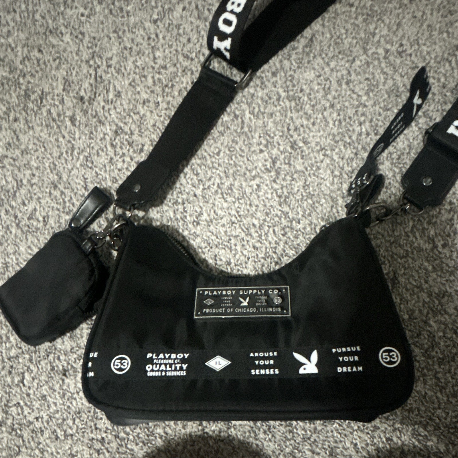 Playboy Black Shoulder Bag Logo Strap Bunny Pouch Zip Closure Inner Pockets