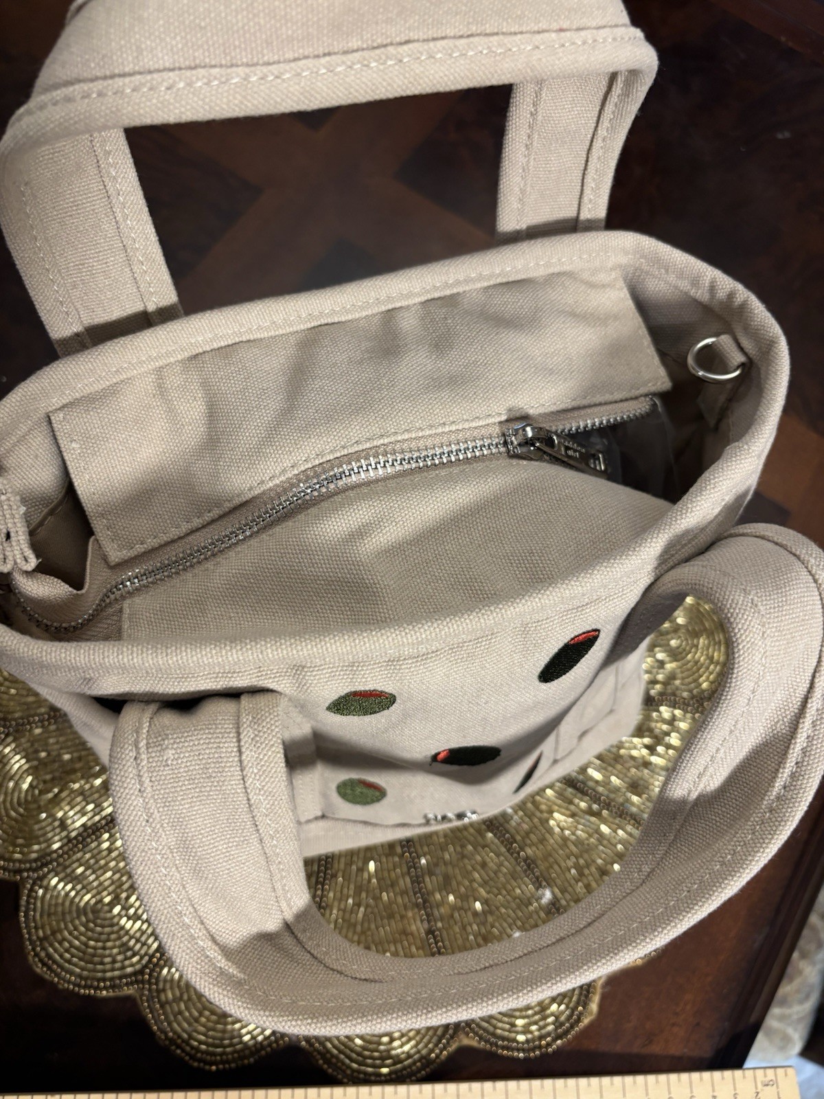Madden Girl Small Beige Polka Dot Top Handle Bag Zip Closure Lined Pockets