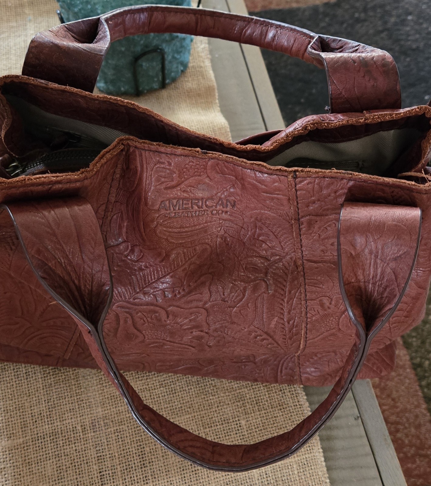 American Leather Bucket Slouchy Floral Design Burgandy Smoke Free Home