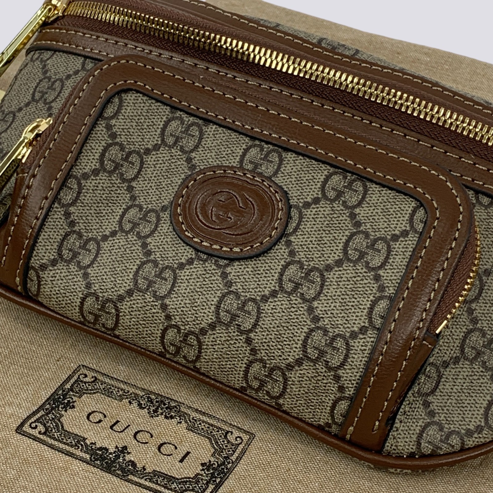 Gucci GG Monogram Interlocking G Canvas Leather Crossbody Belt Bag Beige 682933
