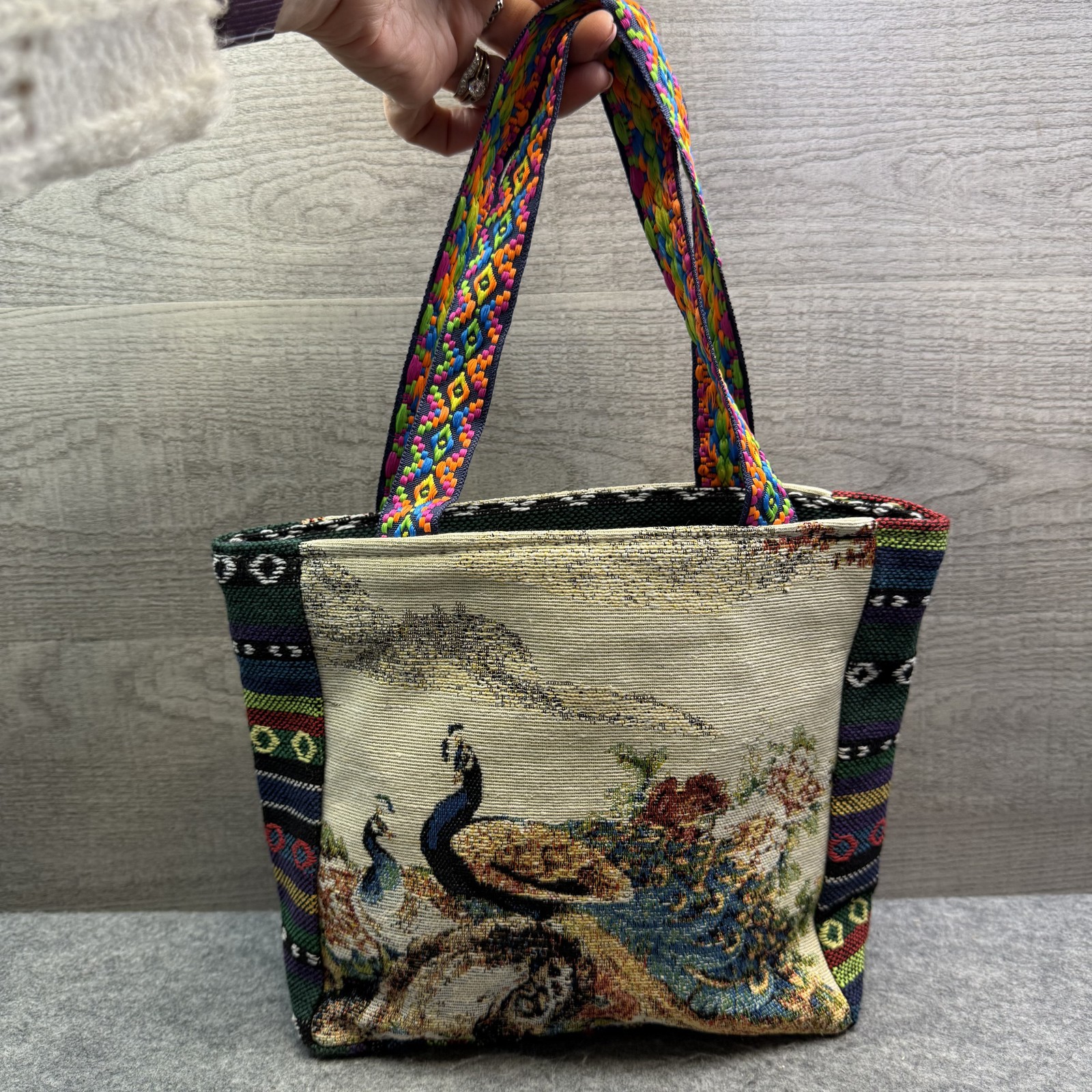 Vibrant Tapestry Tote Bag Women’s Multicolor Peacock Woven Fabric Handbag