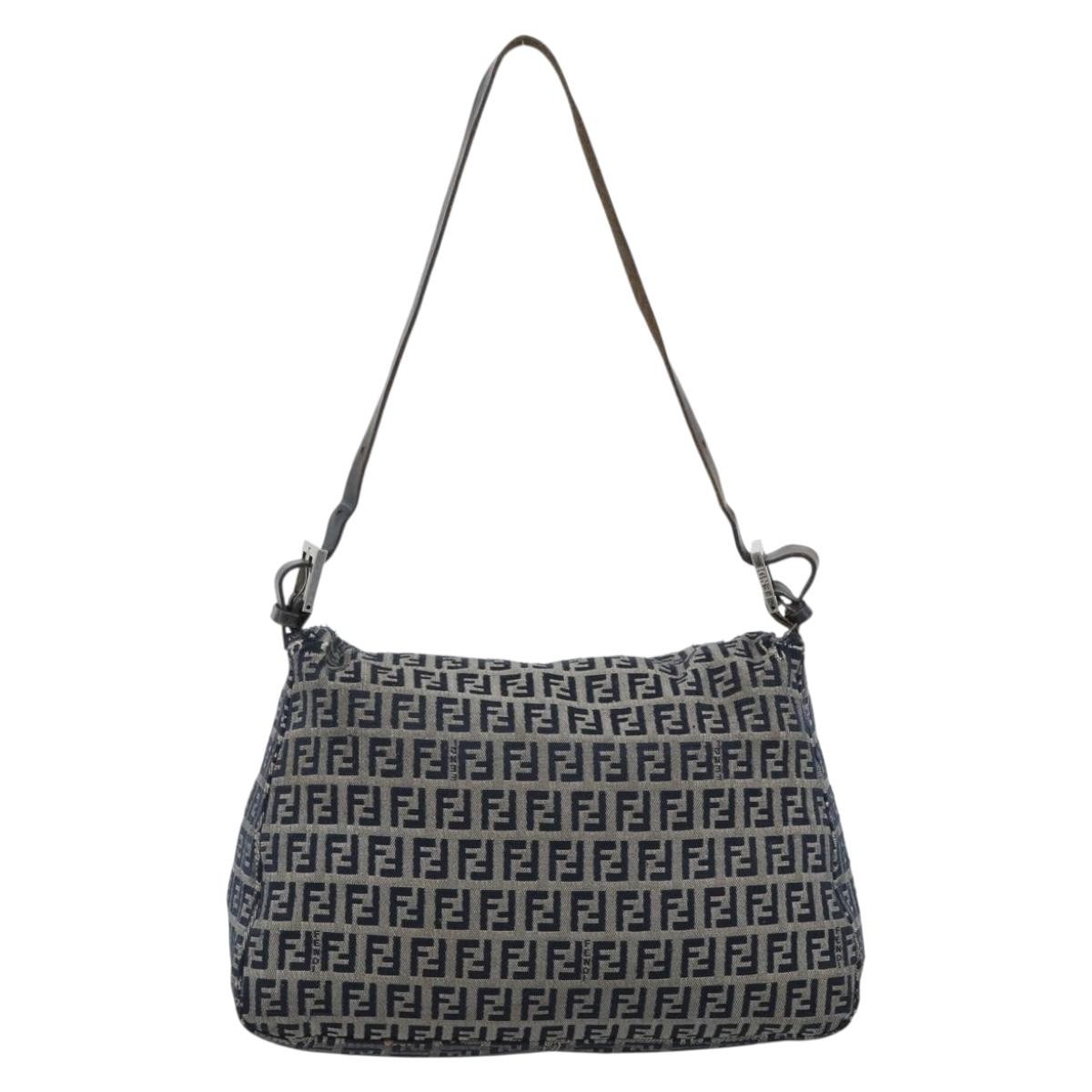 FENDI Zucchino Canvas Mamma Baguette Shoulder Bag Navy Silver Auth 185018