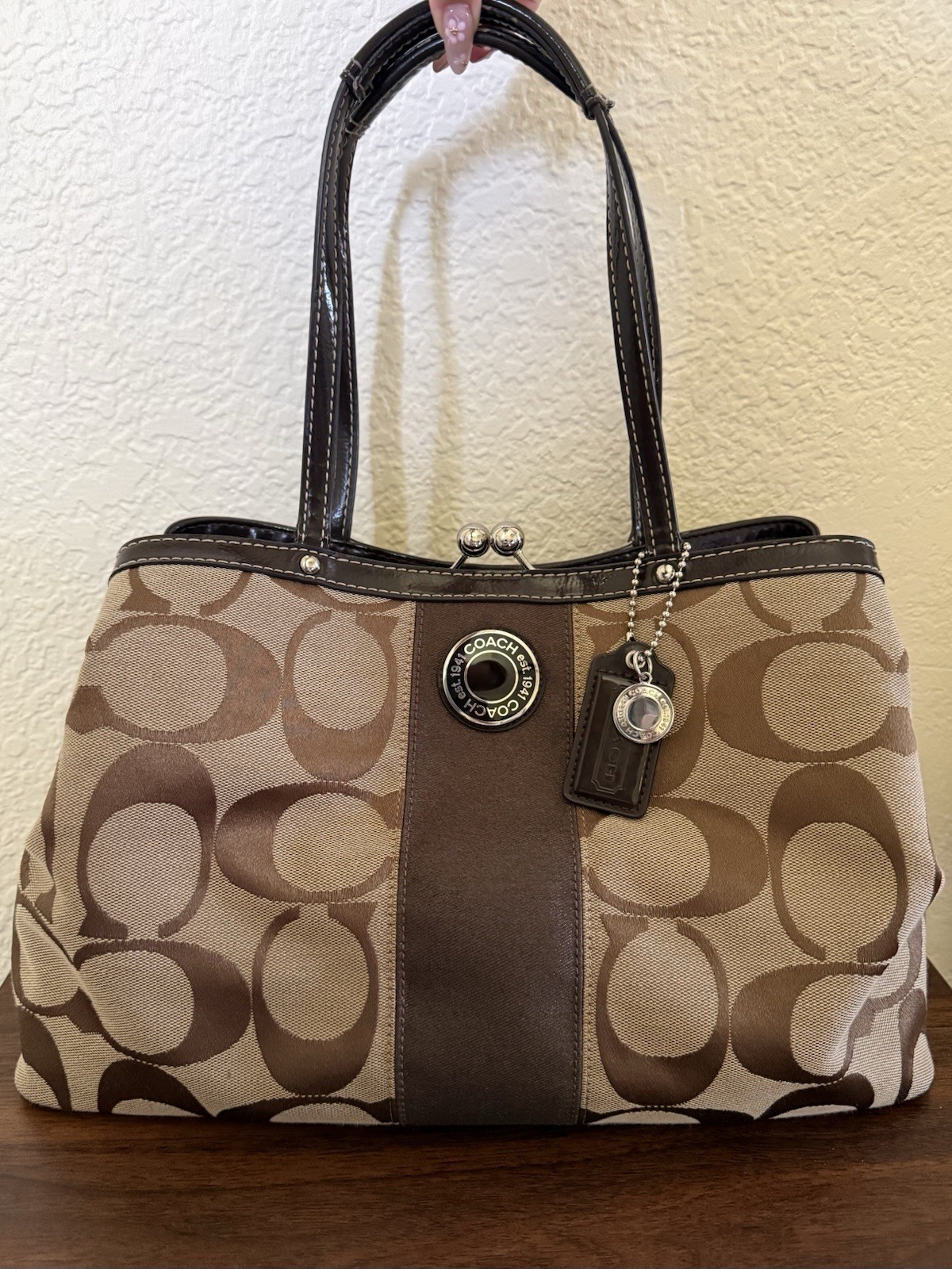 Coach Signature Kisslock Tote Bag Brown/Khaki Silver Hardware Medium