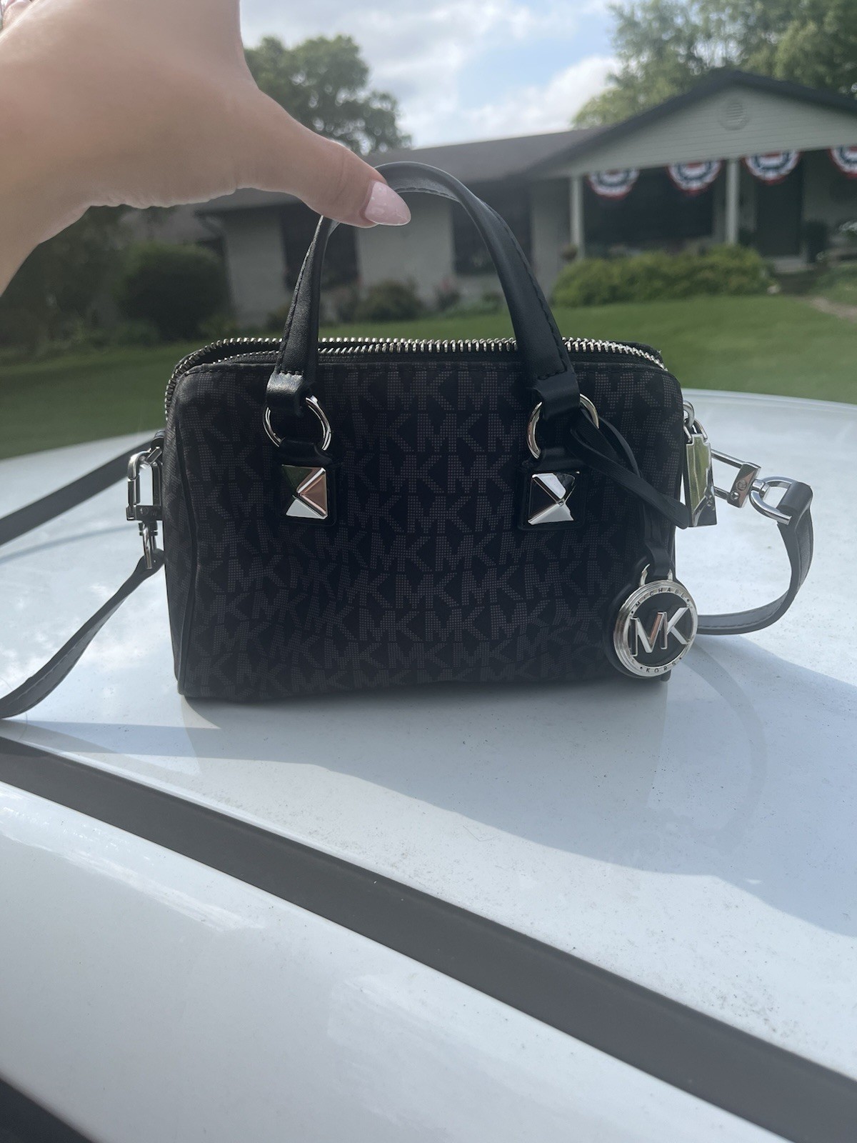 Michael Kors Black Signature Monogram Small Satchel Crossbody Zip w/ Charm
