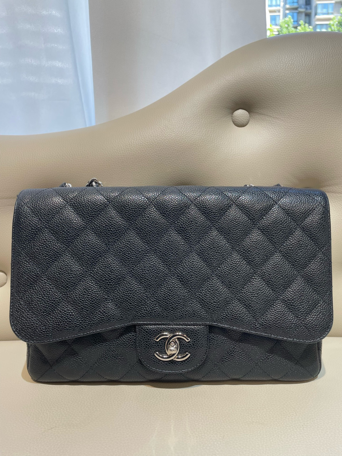 Chanel Jumbo Black Caviar Leather Chain Shoulder Bag, (30×19.5×10)cm