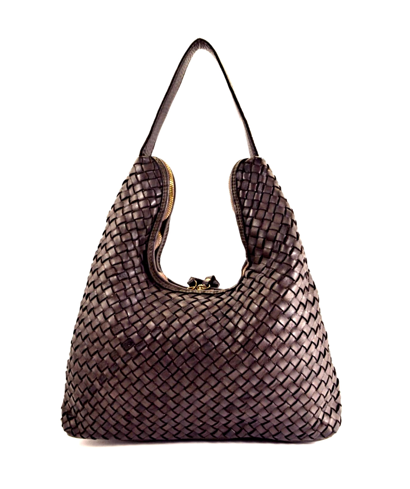 ITALIAN HAND WOVEN GENUINE WASHED LEATHER LARGE HOBO SHOULDER BAG; MADE IN ITALY