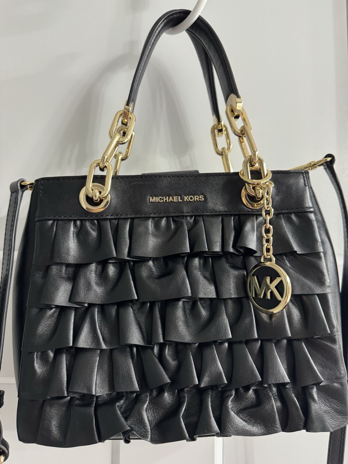 Michael Kors Black Ruffle Satchel Top Handle Bag Zip Gold Hardware MK Charm