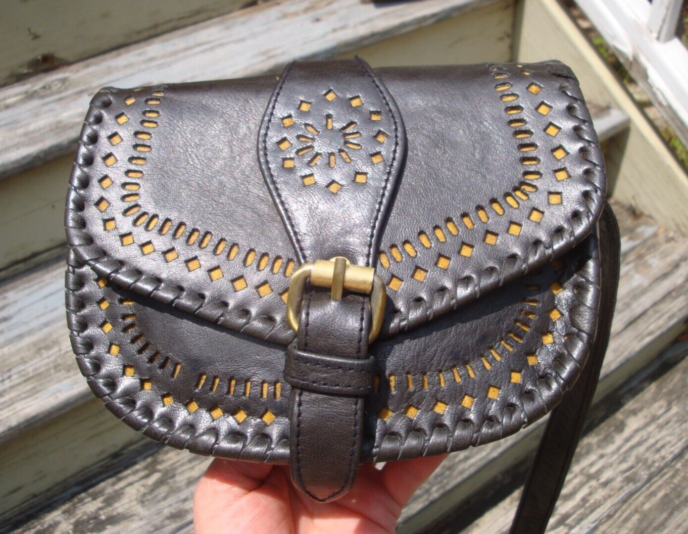 CLEOBELLA Black Leather Purse Biker Boho Hippie Small Crossbody Handbag Mexicana