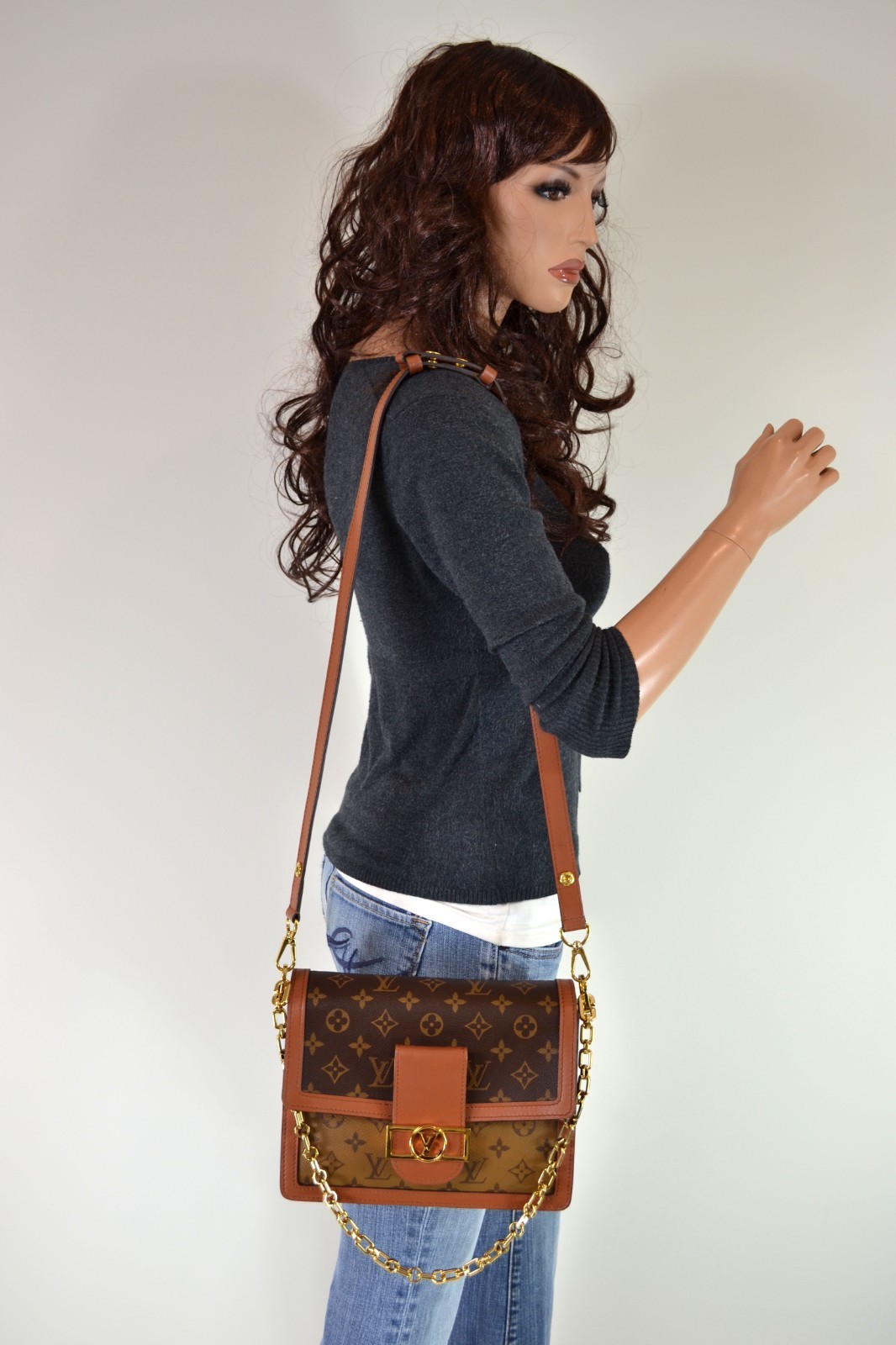 Louis Vuitton Dauphine MM Reverse Monogram Chain Shoulder Bag Handbag Purse