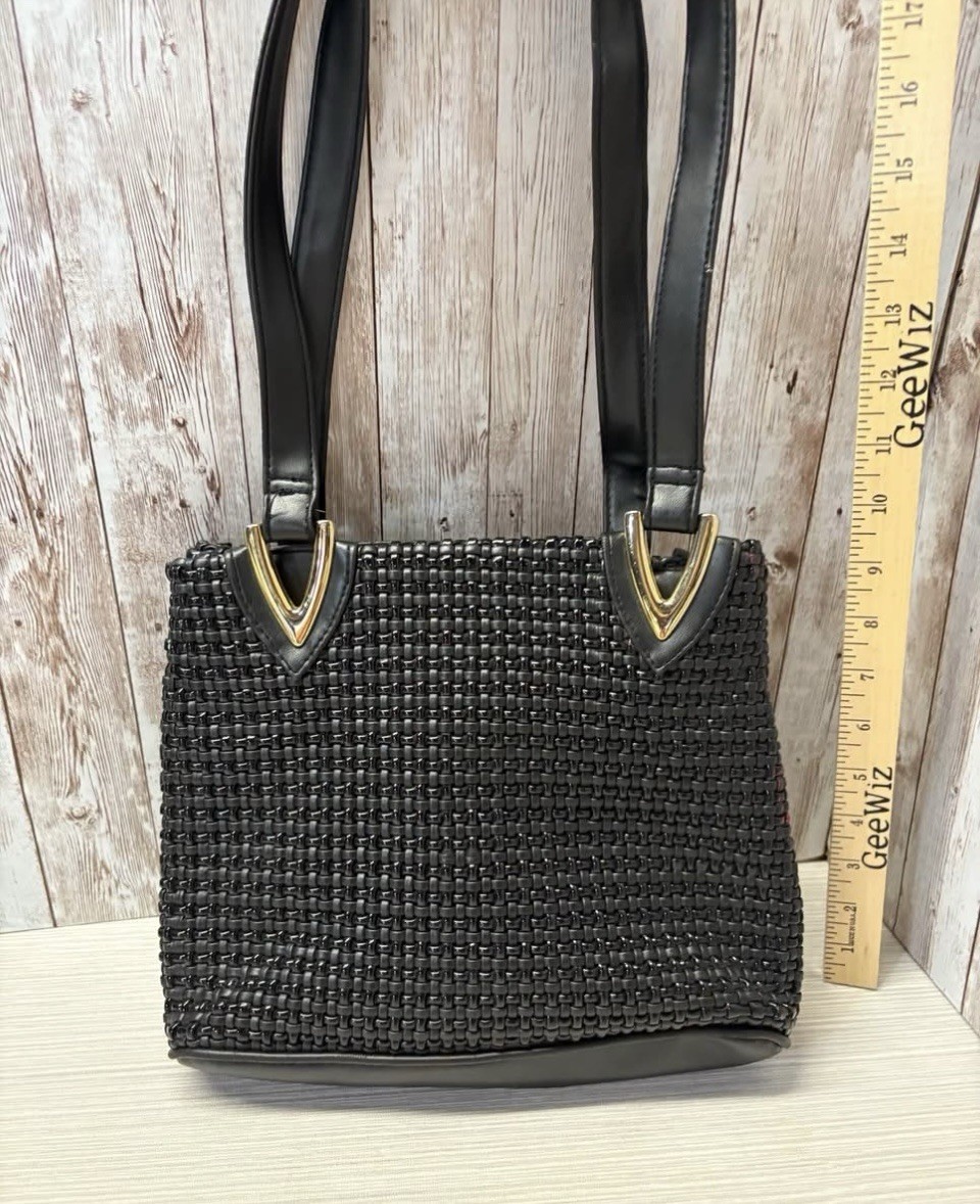 Black Woven Shoulder Bag Tote, Faux Leather 10×9” 12” Strap Drop FREE SHIPPING