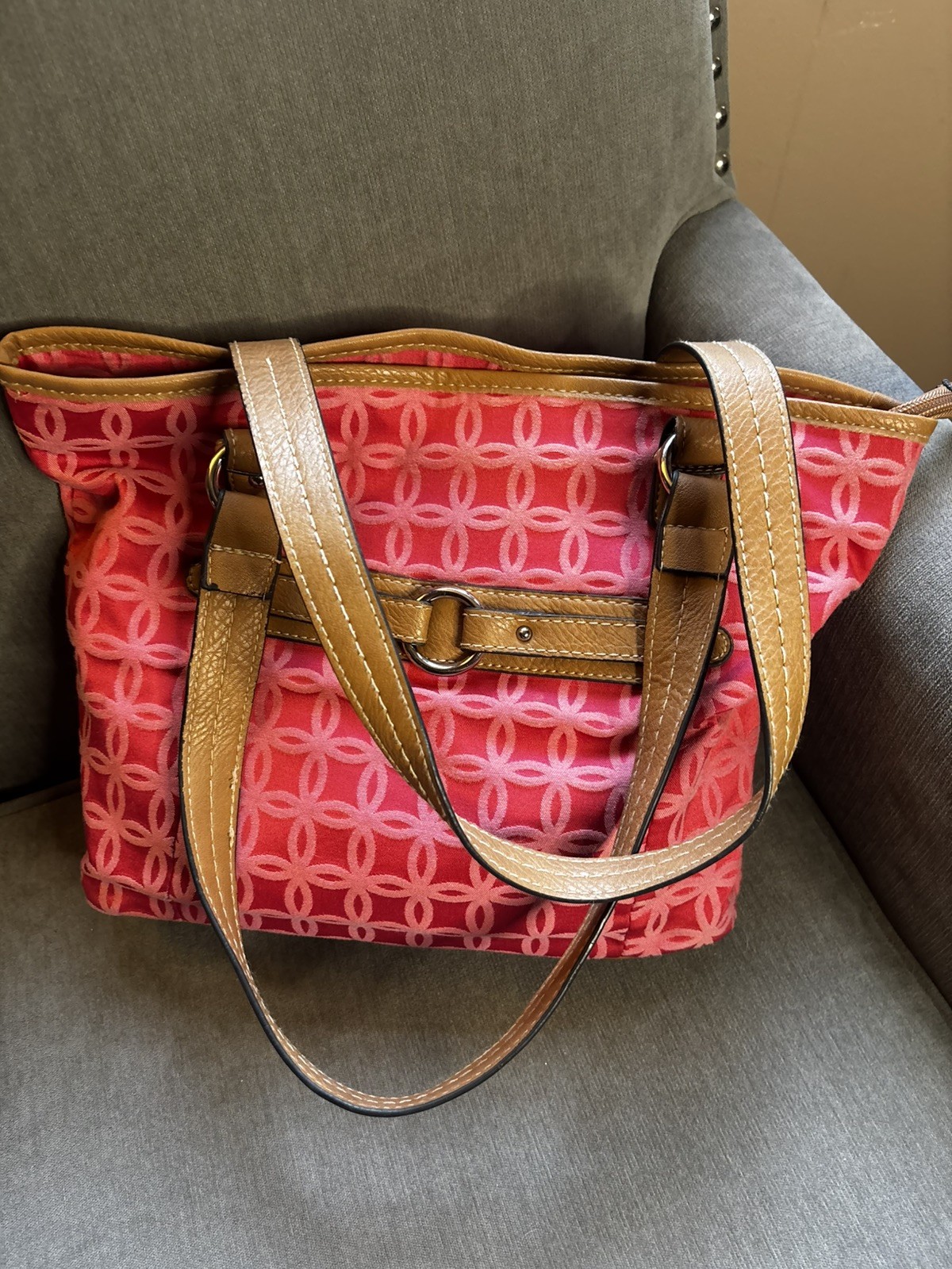 Croft & Barrow Pink Jacquard with Tan Brown Accents HandBag/Tote