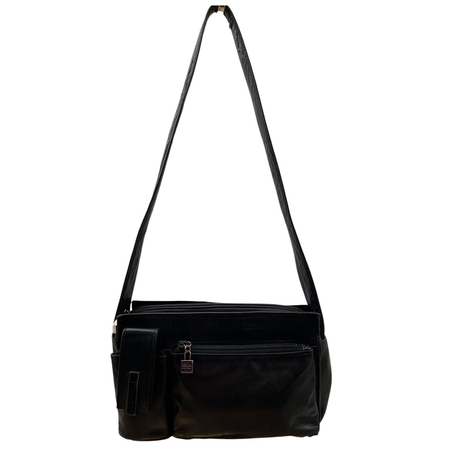 Perlina New York Black Leather Multi Pocket Shoulder Bag Silver Hardware Vintage