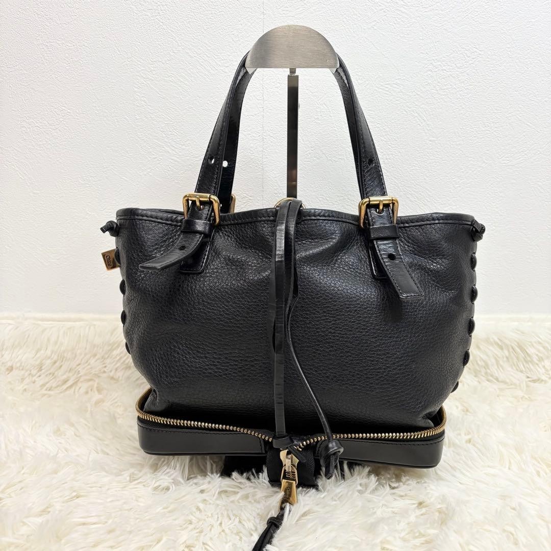 Auth Chloe Ellen Handbag Tote Bag Grained Leather Black Women’s Zip Inner Pocket