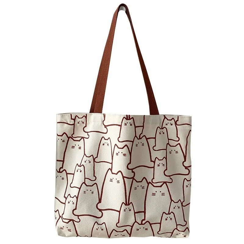 NEW CUTE CAT CANVAS TOTE SHOULDER BAG WITH ZIPPER KITTEN ALL OVER PRINT